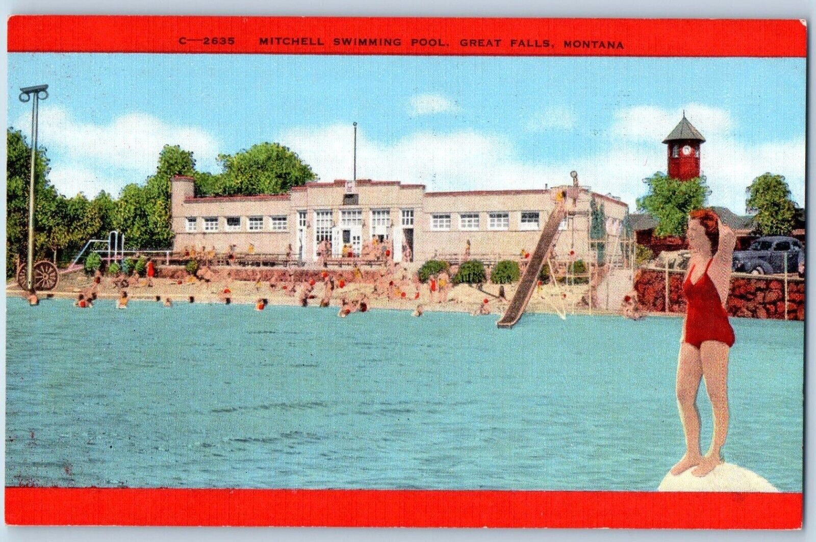 Great Falls Montana Postcard Mitchell Swimming Pool Exterior c1940 Vintage Linen