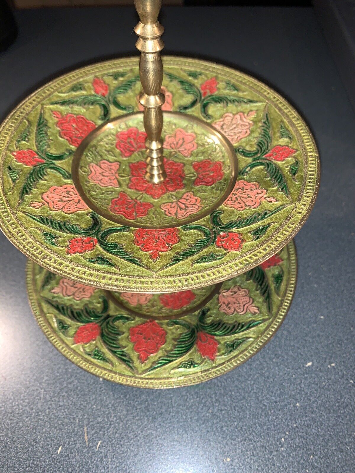 Vintage Two Tier Dish/ Green, Red and Pink Brass
