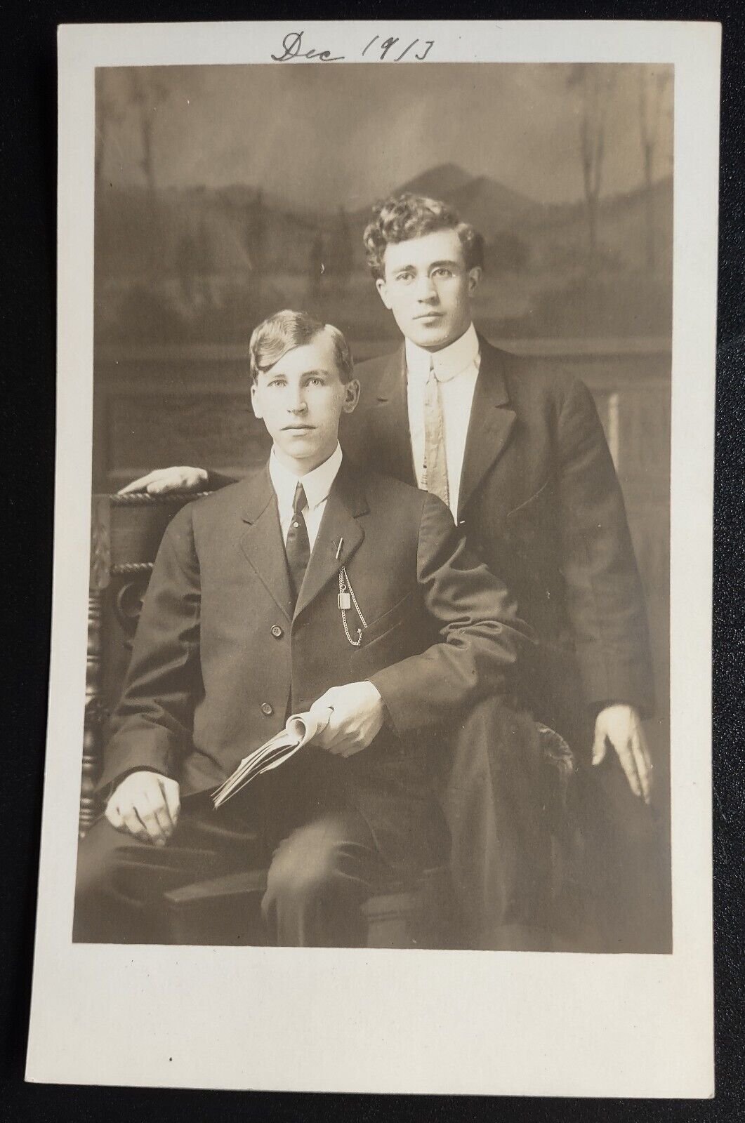 RPPC Handsome Young Men Couple Pose Studio Holding Book Glasses 1913