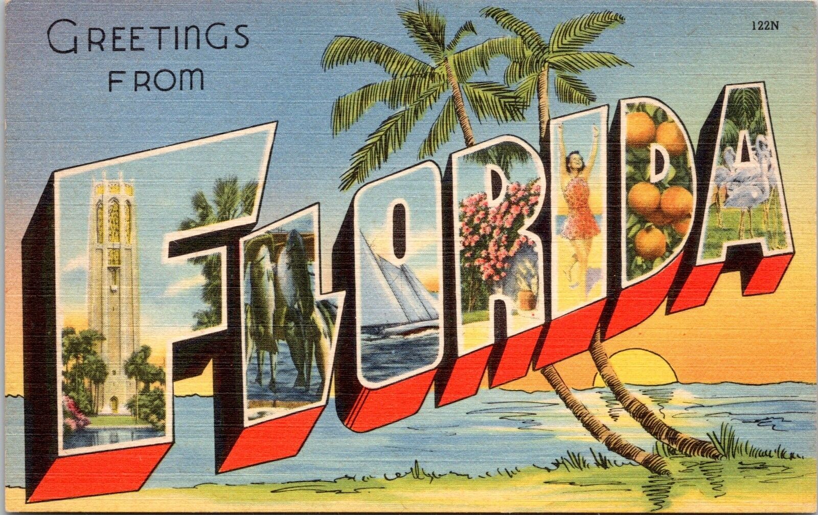 Large Letter Greetings from Florida - c1940s Linen Postcard - Tichnor Brothers