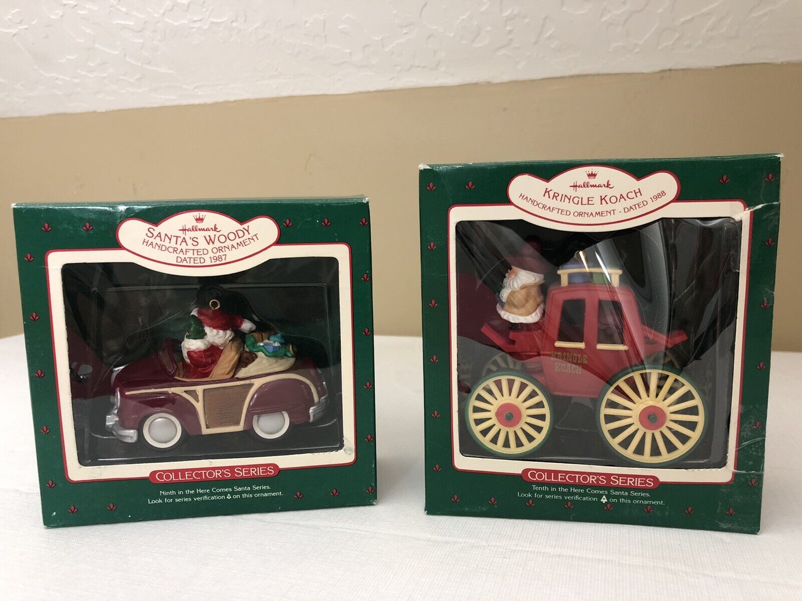 Hallmark Keepsake  Collector\'s Ornaments Santa\'s Woody 1987 & Kringle Koach 1988