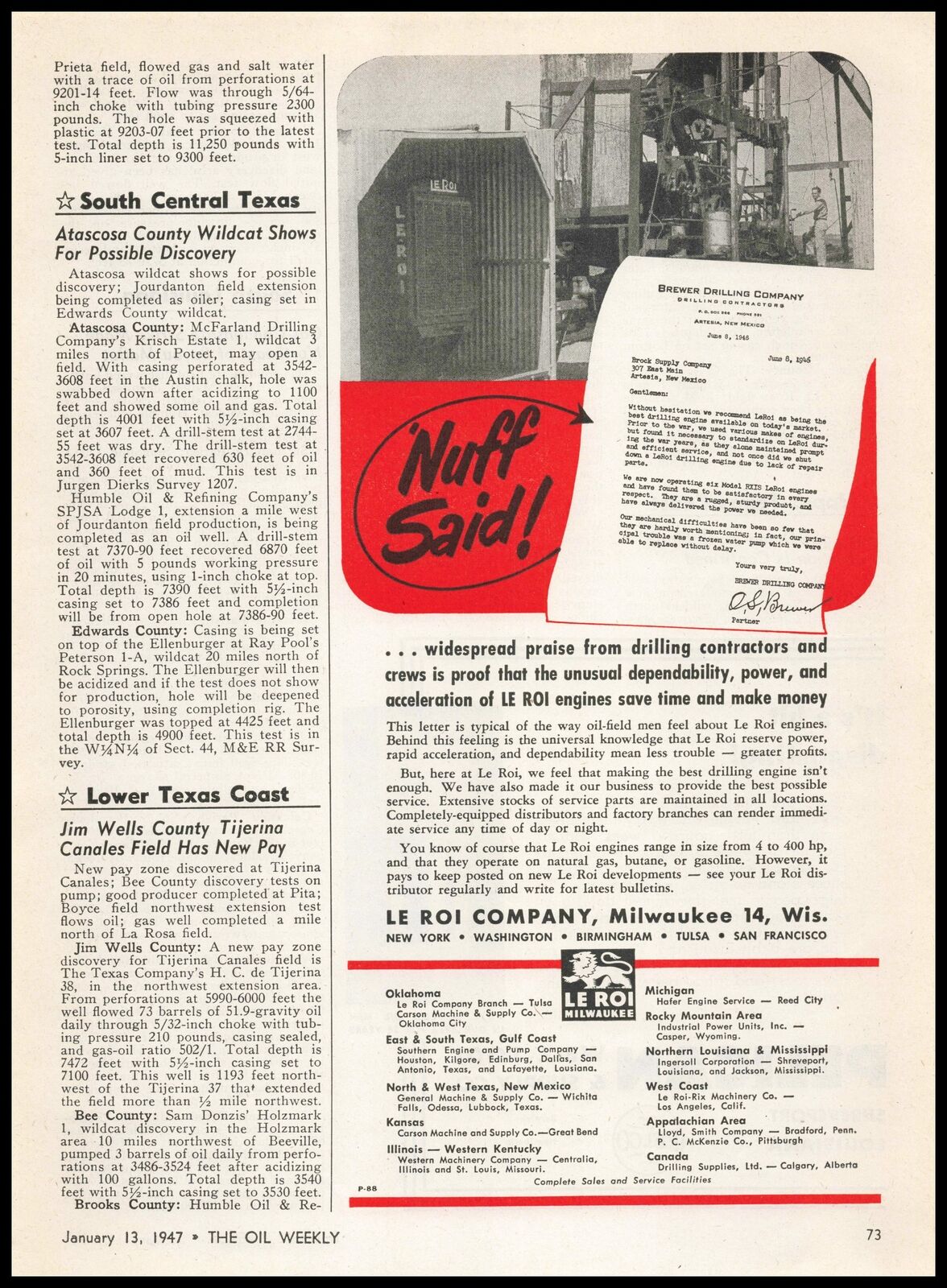 1947 Le Roi Company Milwaukee WI Brewer Drilling Co. Artesia New Mexico Print Ad