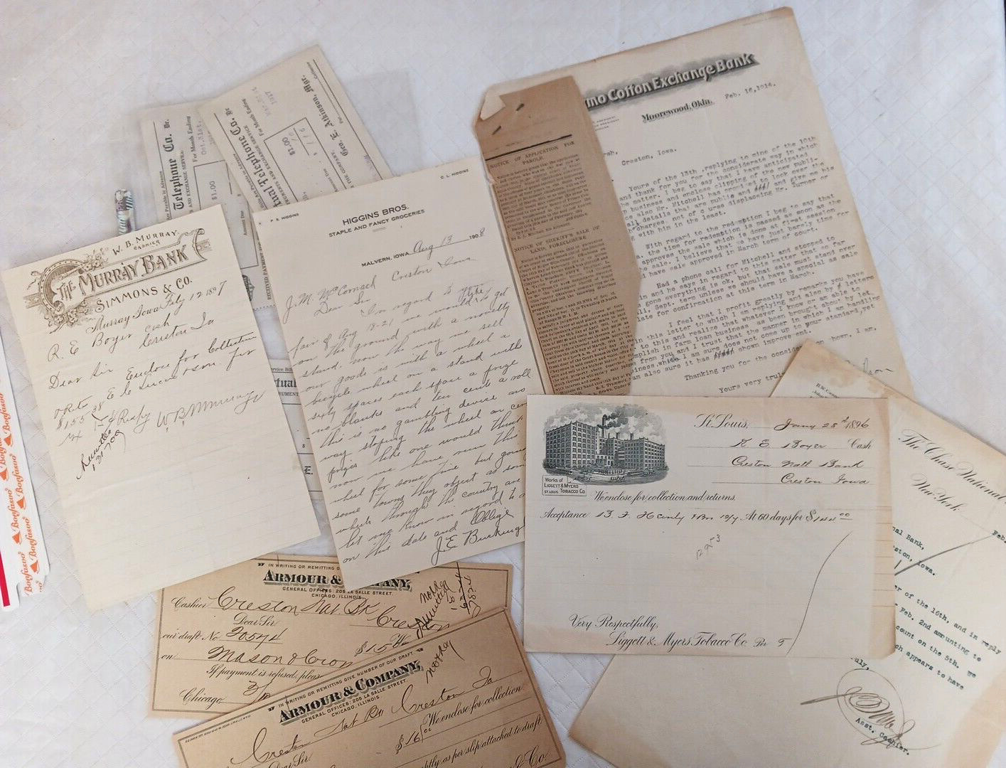 10 Documents, Creston Iowa, 1891-1916, Vignettes, Letters, Cotton Exchange, Bank
