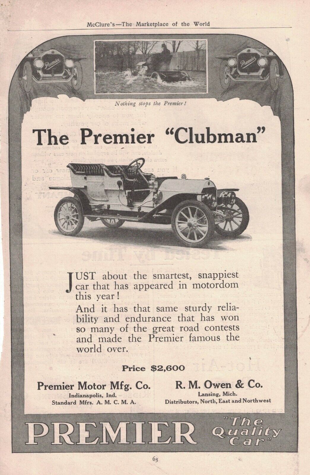 1909 Premier Clubman rare original ad from McClure\'s -  Indianapolis