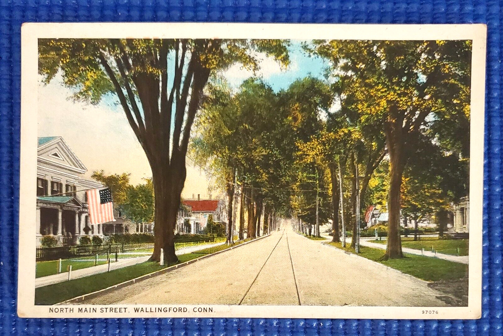 Vtg c1920 North Main Street Streetview American Flags Wallingford CT Postcard