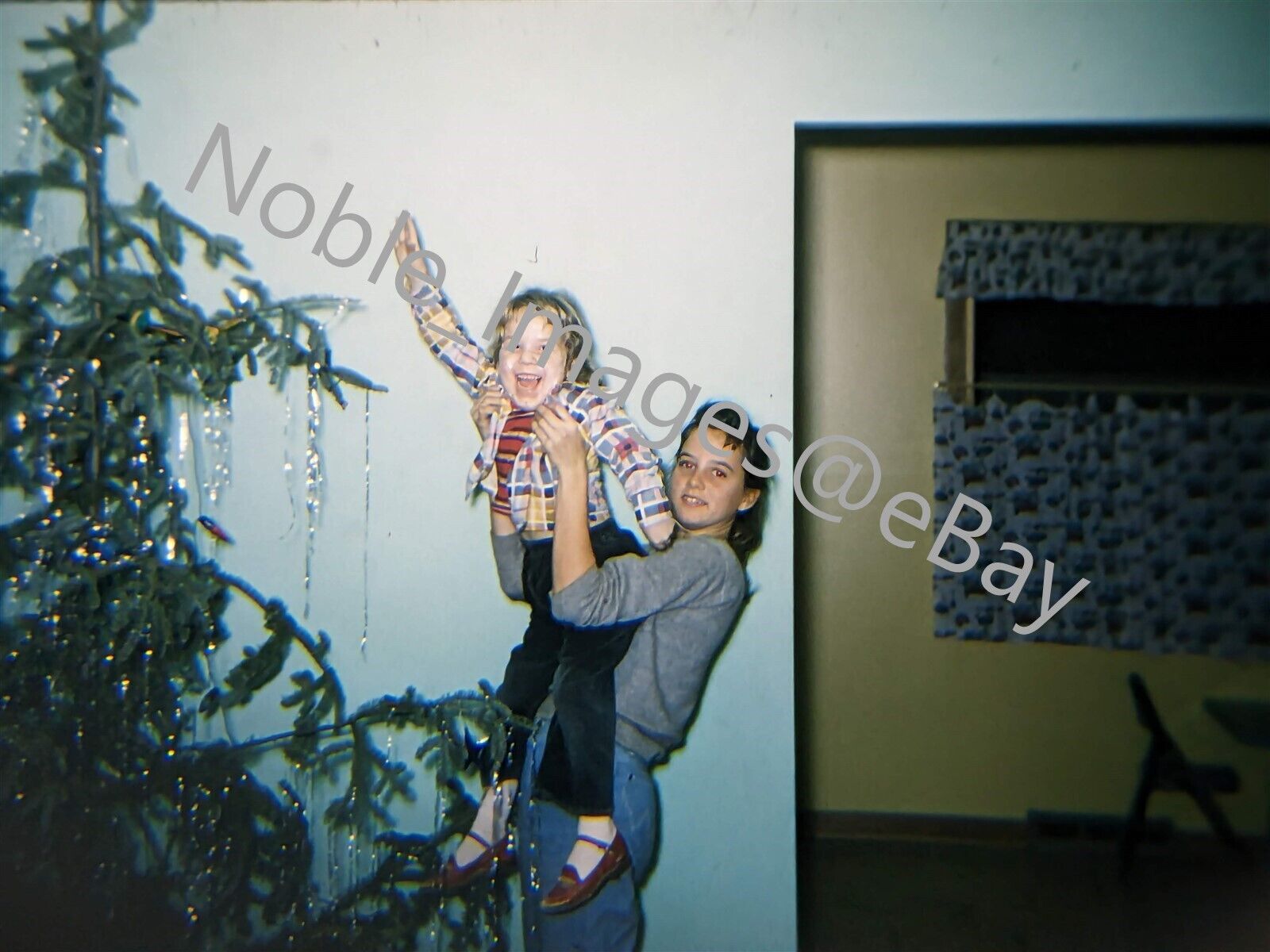1959 Teen Girl Sitter Lifting Child Christmas Tree Chicago Kodachrome 35mm Slide