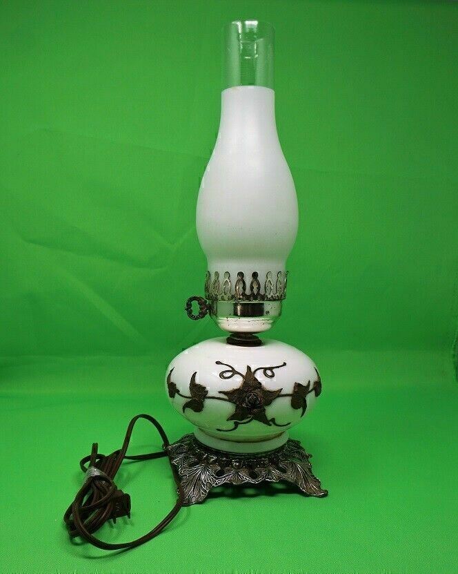 Vintage EF & EF Industries Table Lamp Milk glass with lBronze Metal Flowers 1978