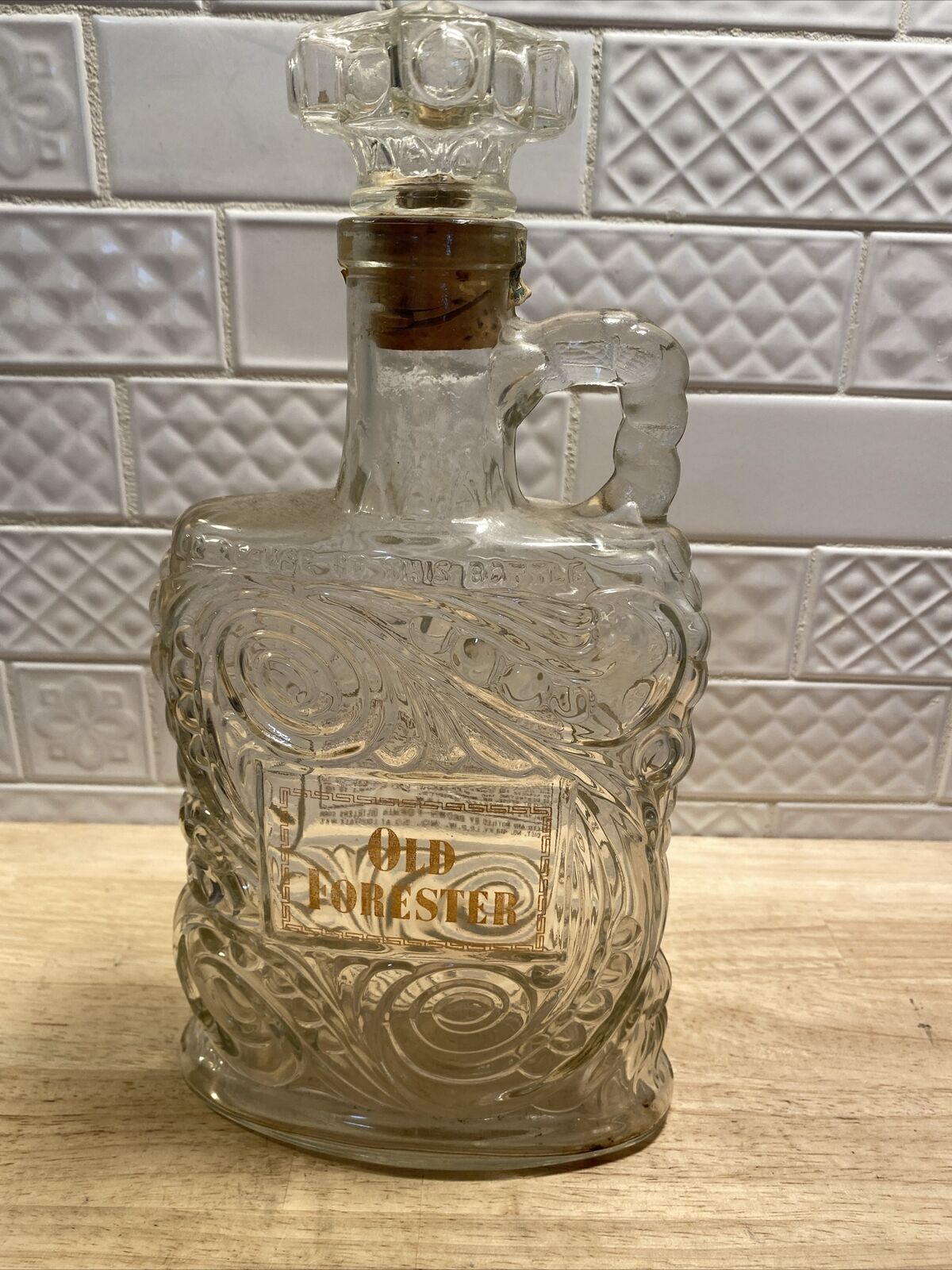 VTG Old Forester 1953 KY BOURBON Whiskey DECANTER embossed swirls W/ handle 9.5”