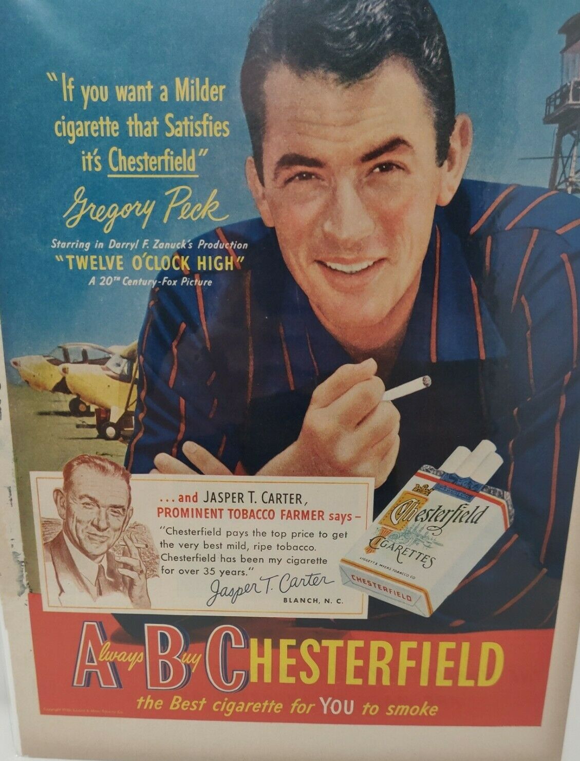 Vintage 1950 Print Advertisement Ad Chesterfield Cigarettes Gregory Peck