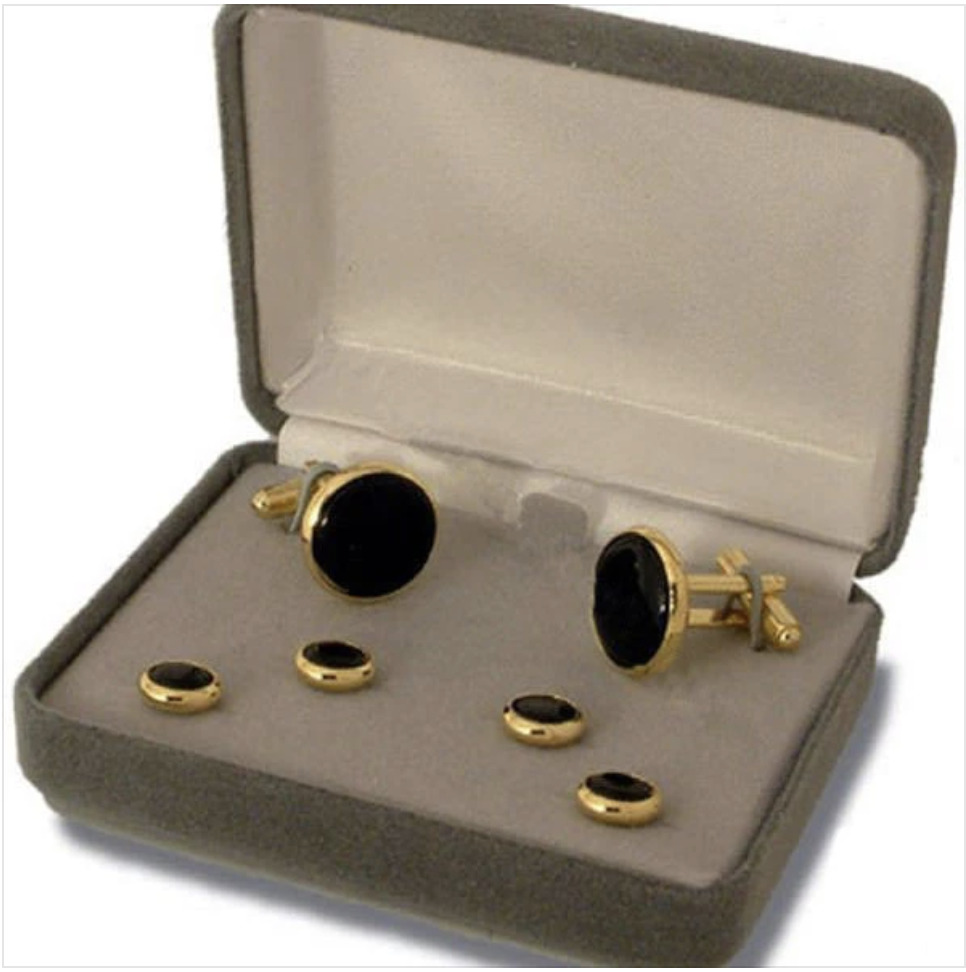 GENUINE U.S. NAVY CUFF LINKS AND SHIRT STUD: BLACK ONYX WITH GOLD BACKING - SET 