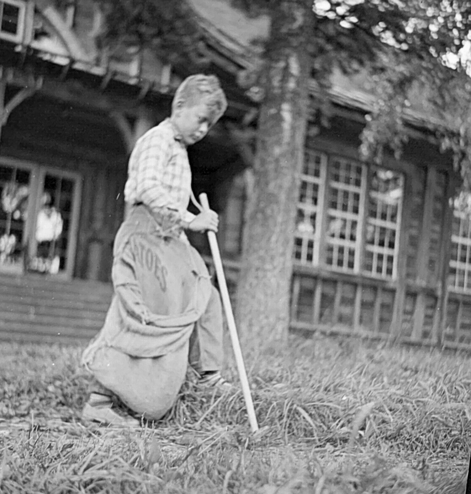 VINTAGE BW PHOTO NEGATIVE - Young Man Harvesting Potatoes using a Hoe