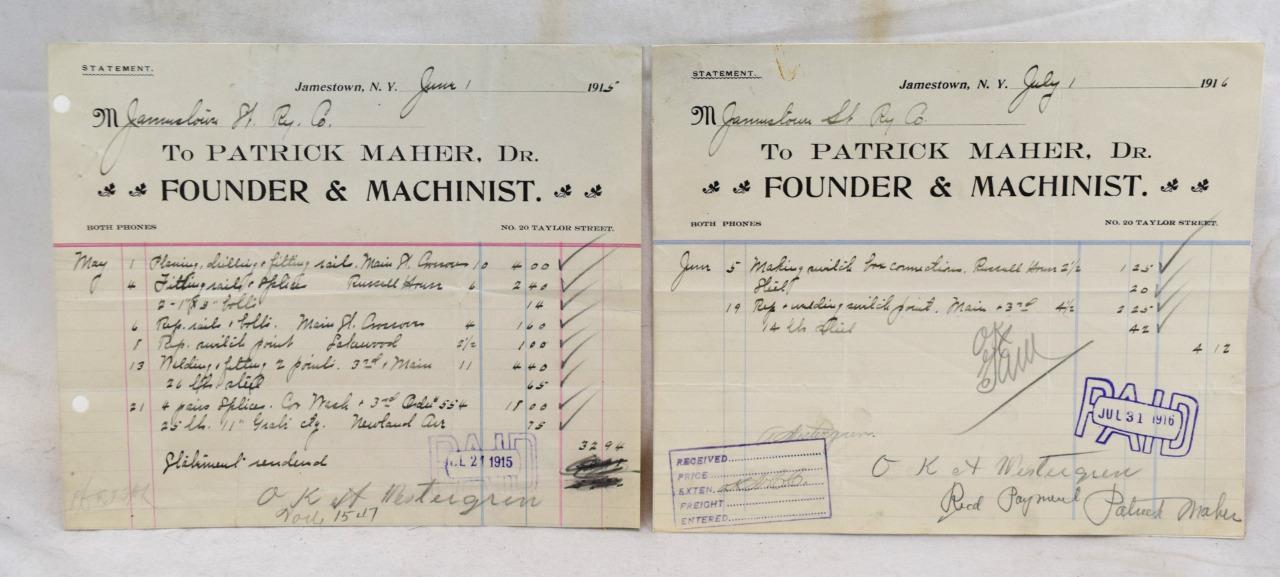 1915 & 1916 Patrick Maher Founder & Machinist Jamestown NY Receipts