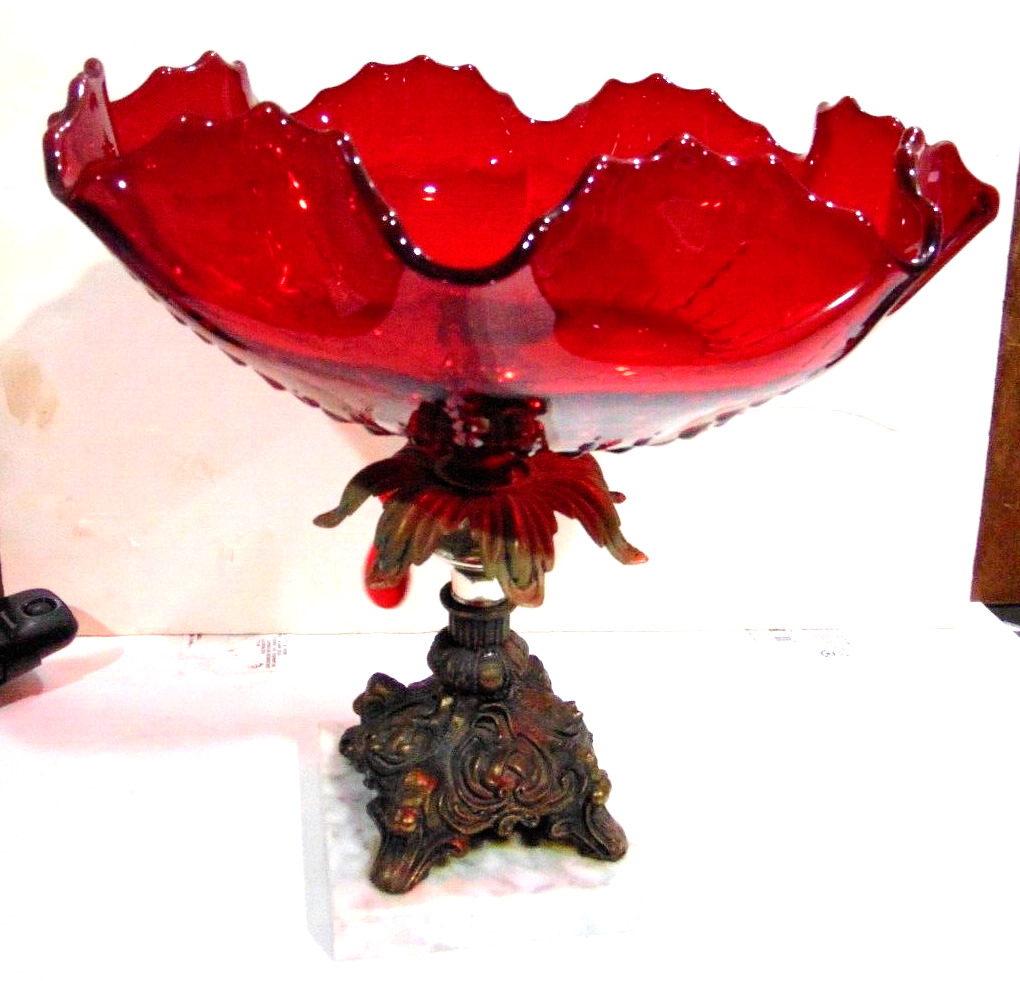 Beautiful Heavy Large Tall Ruby Red Glass compote on A Metal Brass & Marble Base