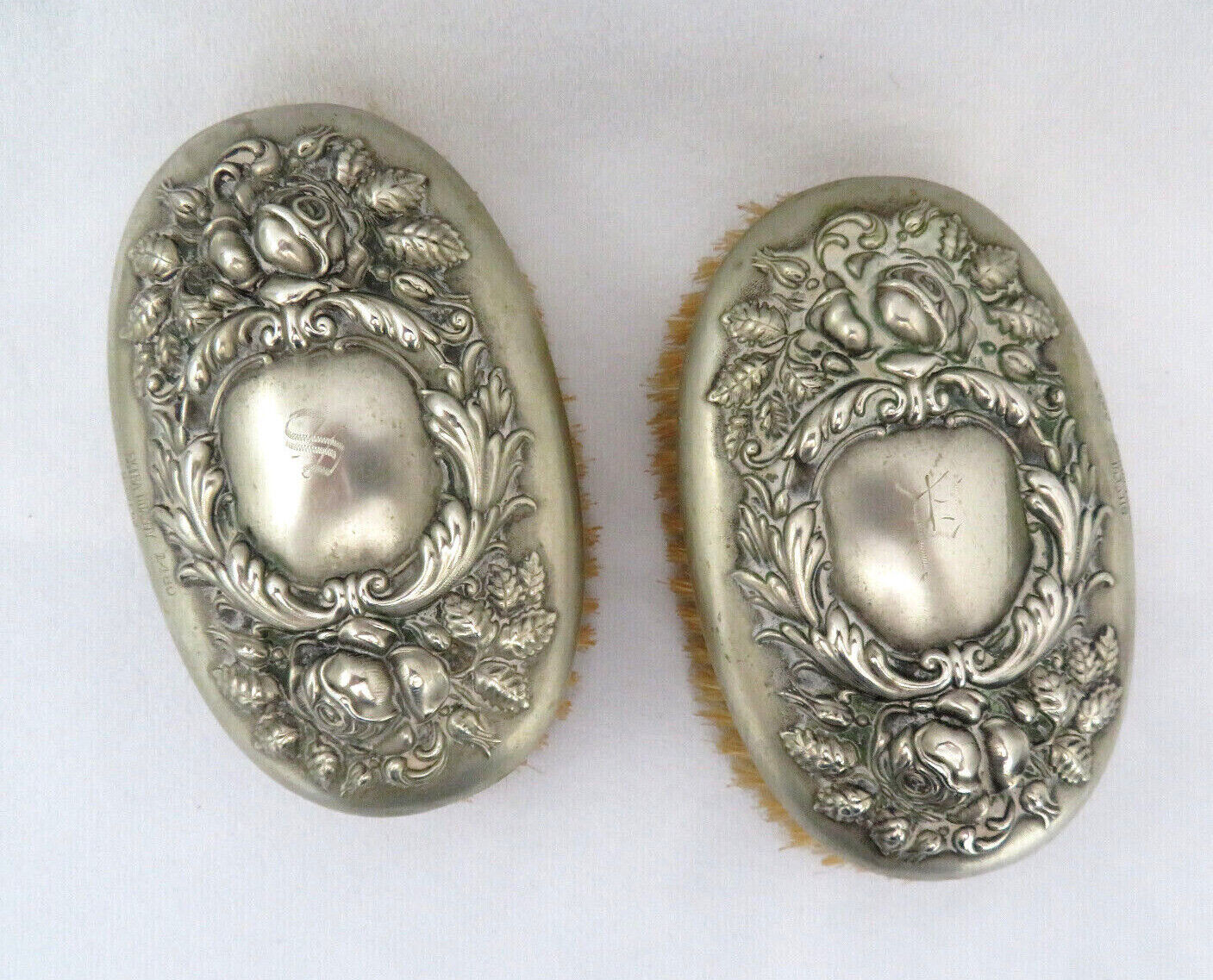 Pair of Antique English SILVENE Silver Plate Vanity Brushes ~ Monos