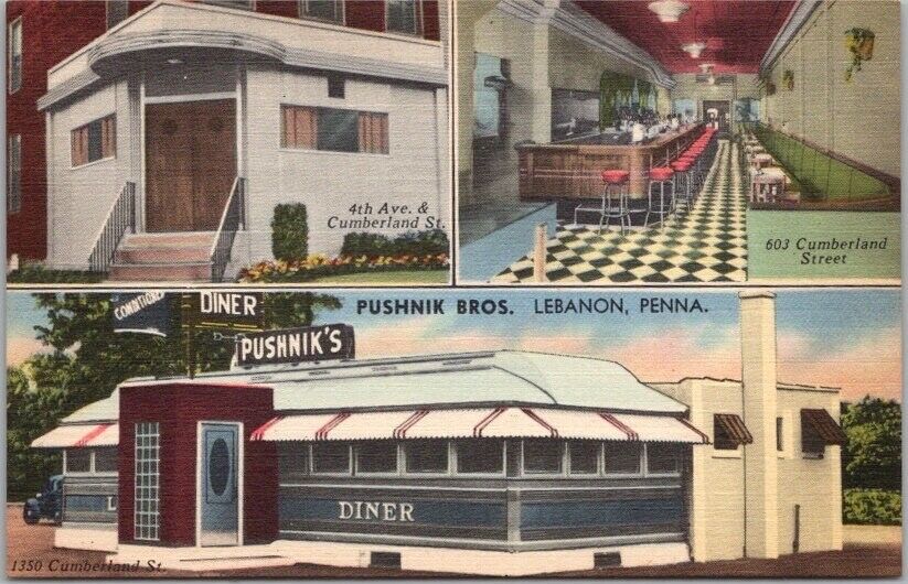 LEBANON, Pennsylvania Postcard PUSHNIK BROS. DINER Route 422 Linen c1950s Unused