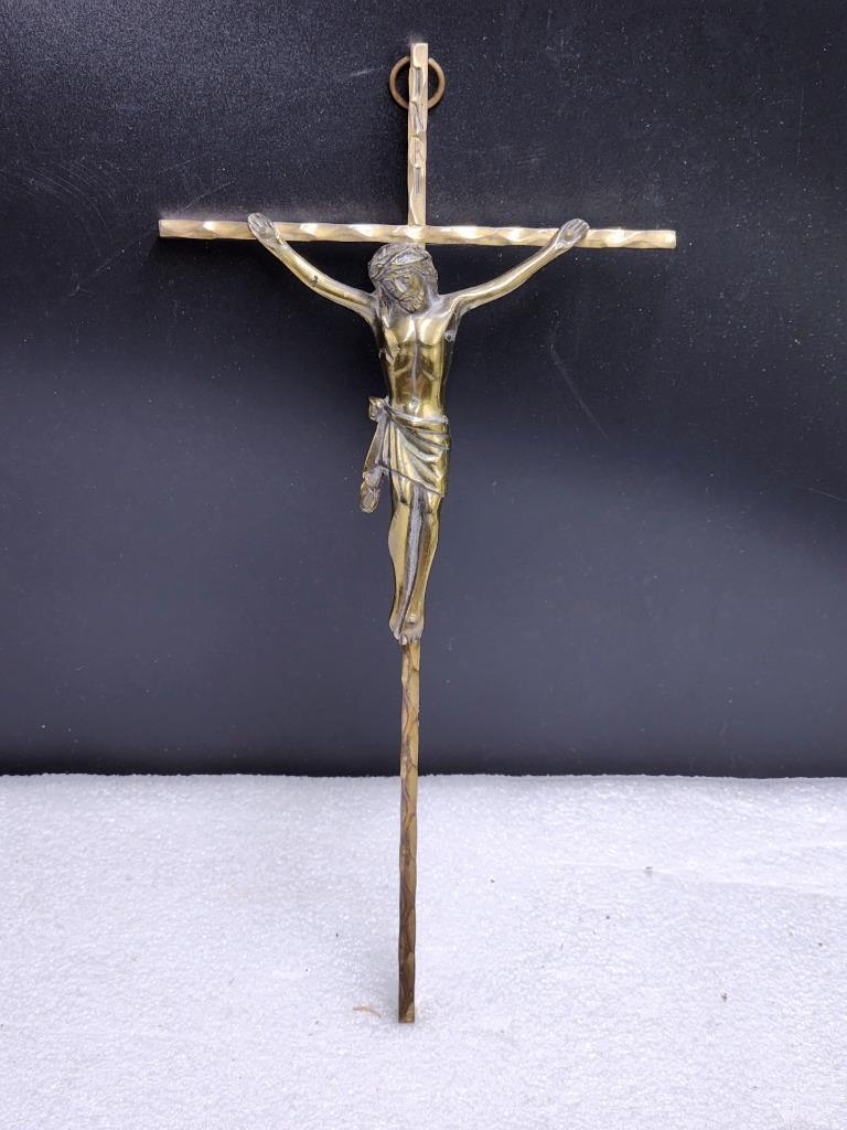 Vintage Brass Gold Metal Crucifix 10” Wall Hanging Jesus Cross WESTERN GERMANY