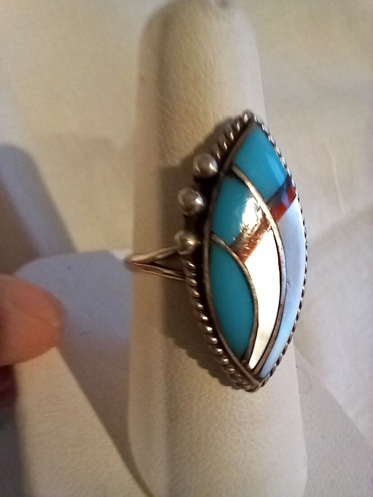 Zuni Sterling Silver Ring with inlay stones, size 7  native American Signed DJ