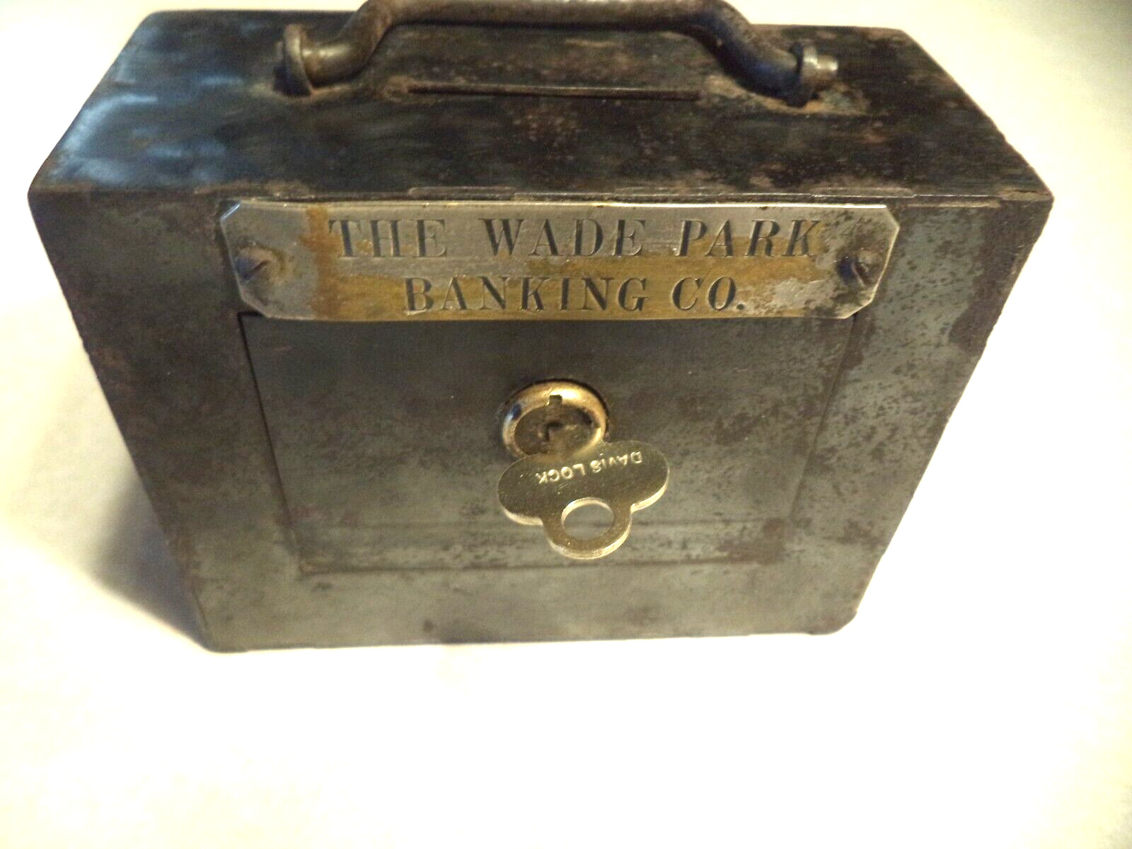 Antique Handle Coin Bank The Wade County Banking Co. New Key