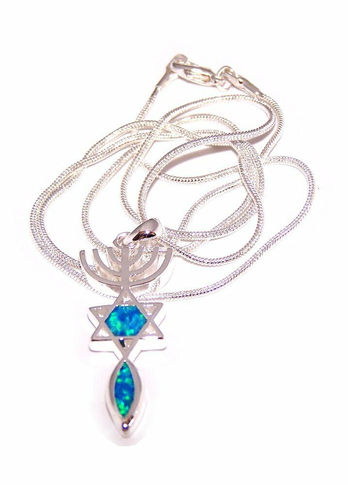 Messianic Seal symbol with created Opal Stones - Rhodium plated (3.5 cm - 1.4