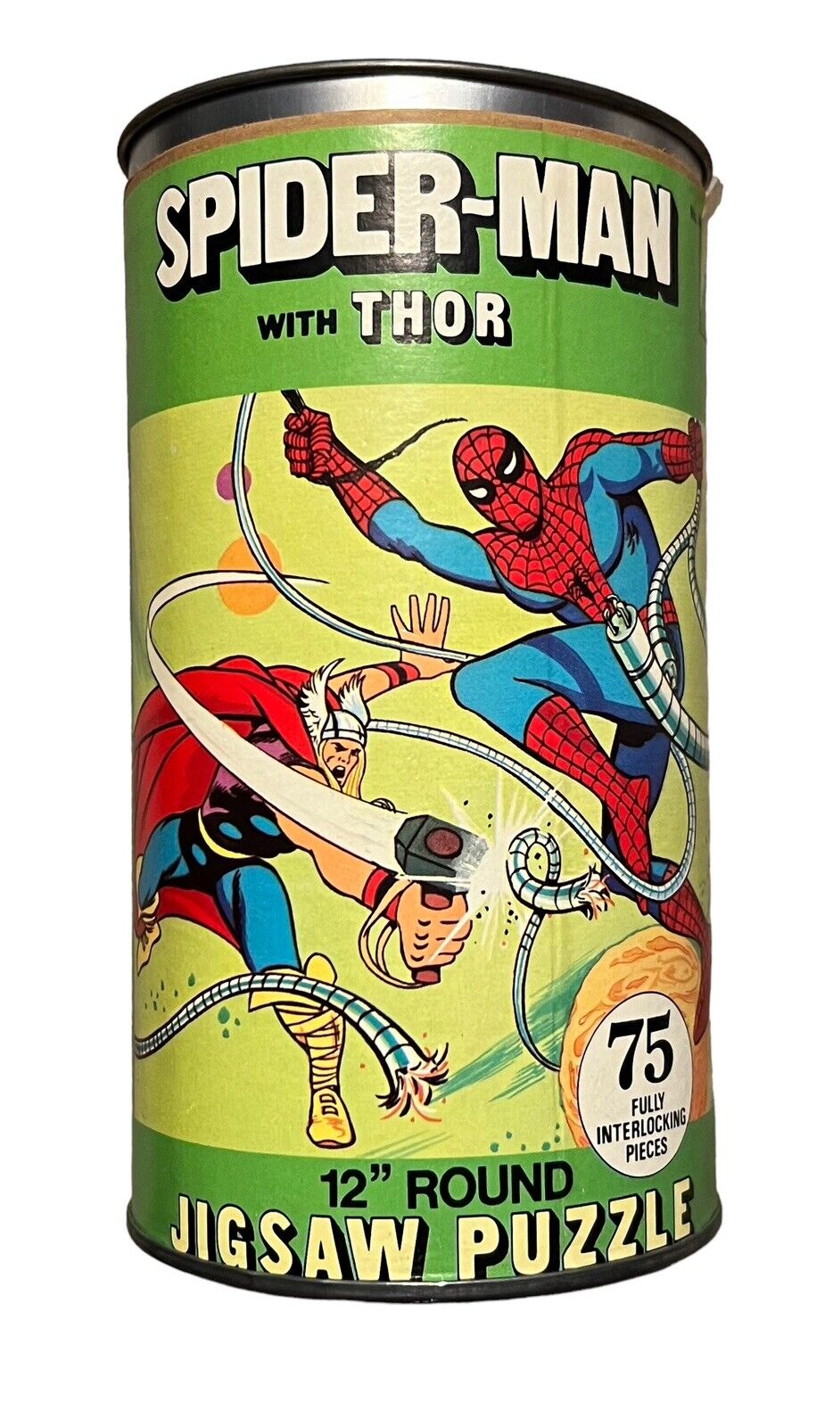 Vintage Spiderman with Thor 12” Round Jigsaw Puzzle Tin HG Toys Complete 1974