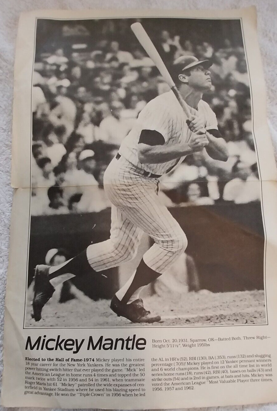 1975 New York Yankee baseball star MICKEY MANTLE Newspaper Page from Hall of Fam