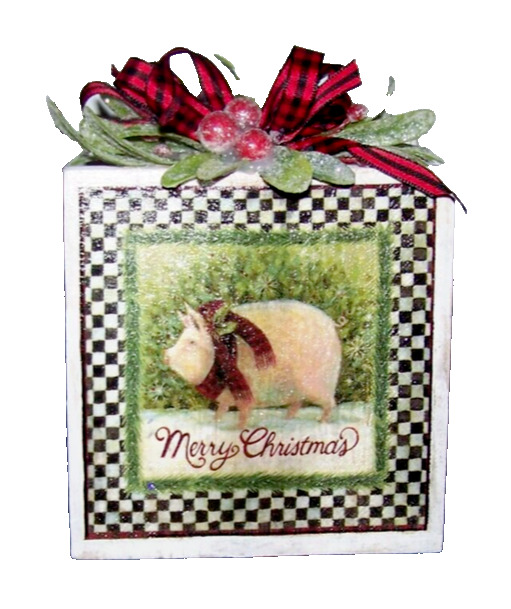 Primitive Country Merry Christmas Pig Block with Winter Greenery and Ribbon