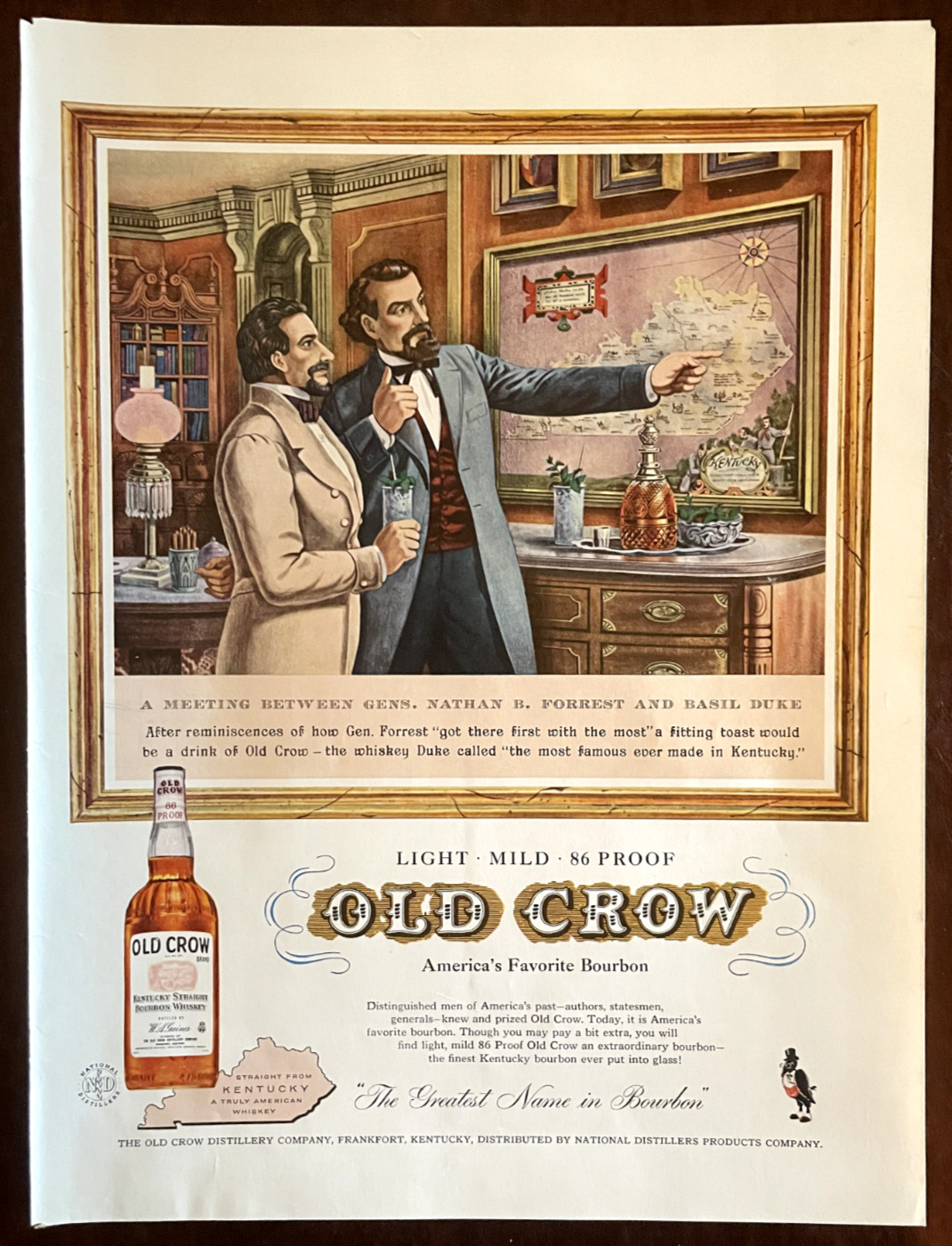 1958 OLD CROW Bourbon Vintage Print Ad Kentucky Civil War America