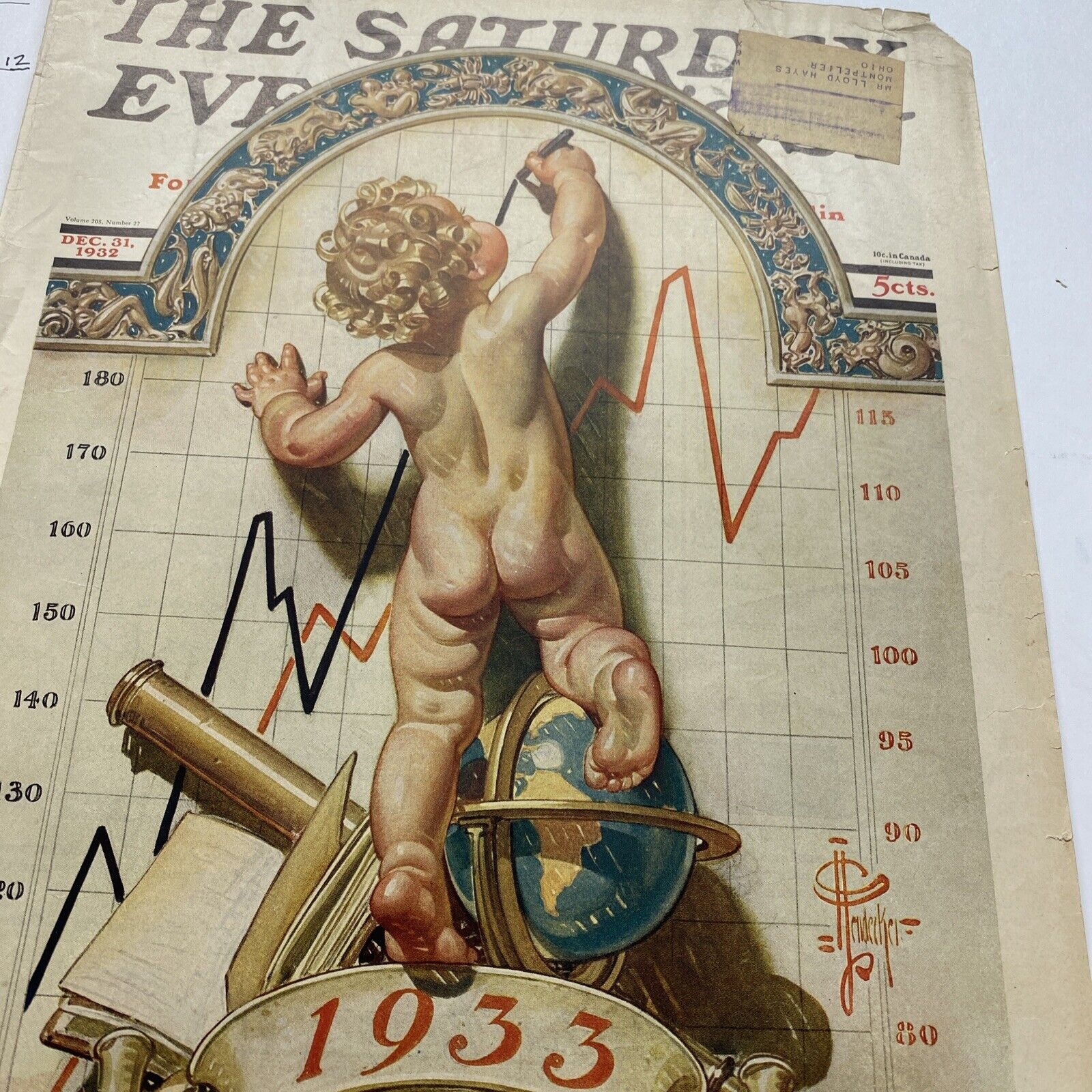 1933 LEYENDECKER Naked Baby New Year Art Deco Chart Globe Chart Openly Gay Illus