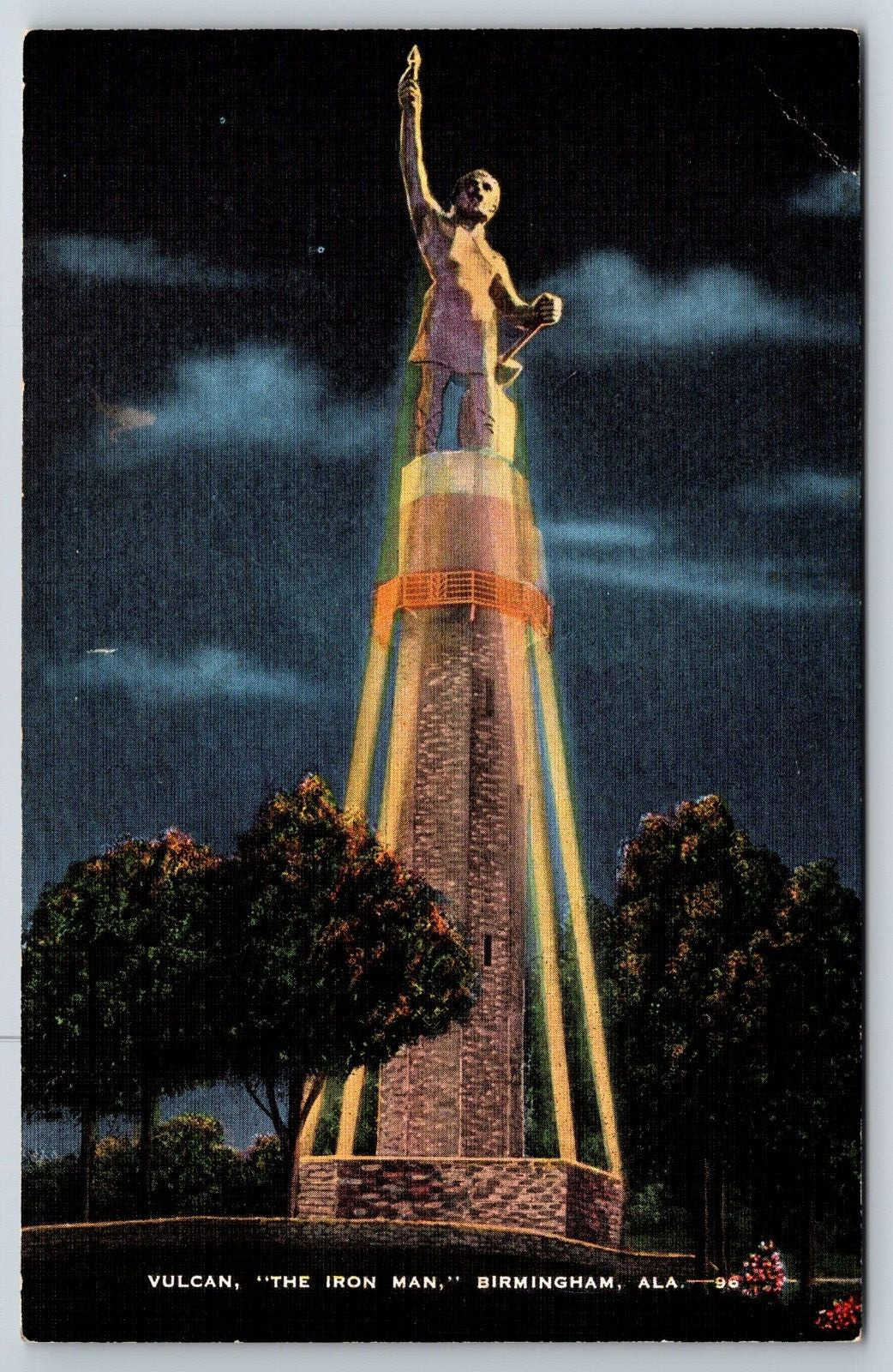 Postcard Birmingham Alabama Vulcan the Iron Man Statue At Night Linen  Unposted