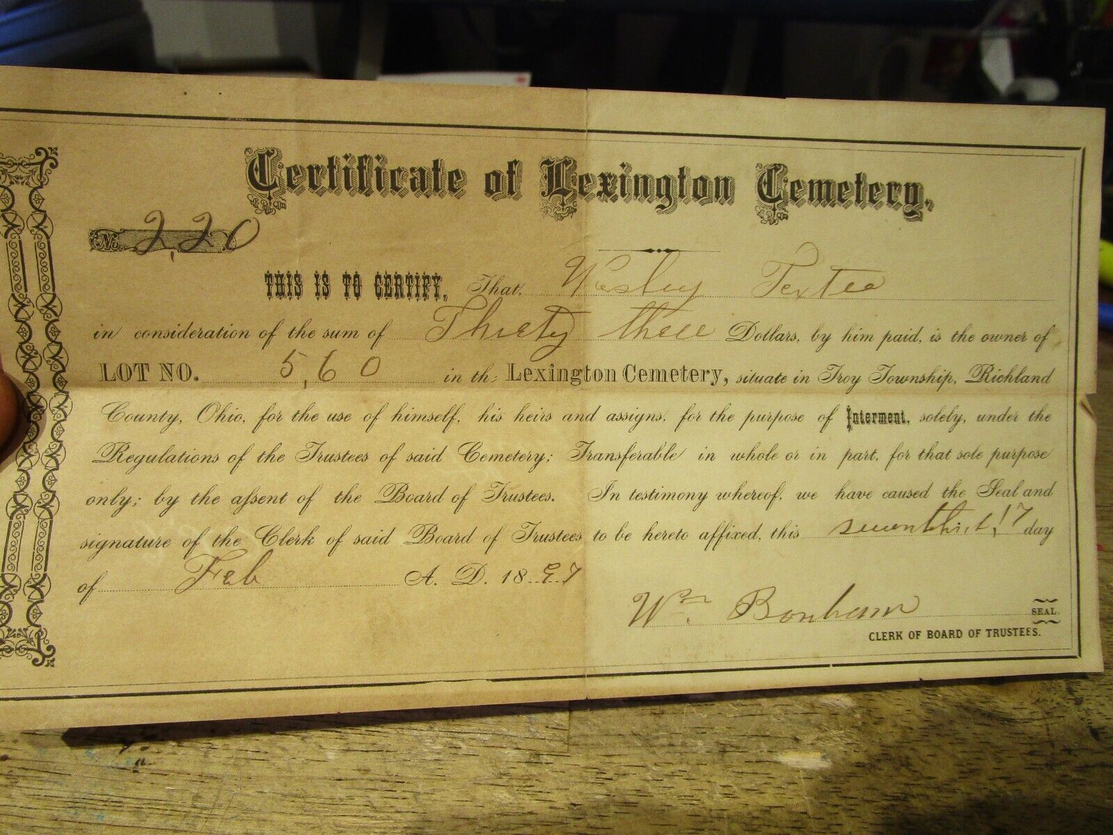 1897 Certificate of Burial Cemetery Grave Lot Lexington Deed Texter Family Plot