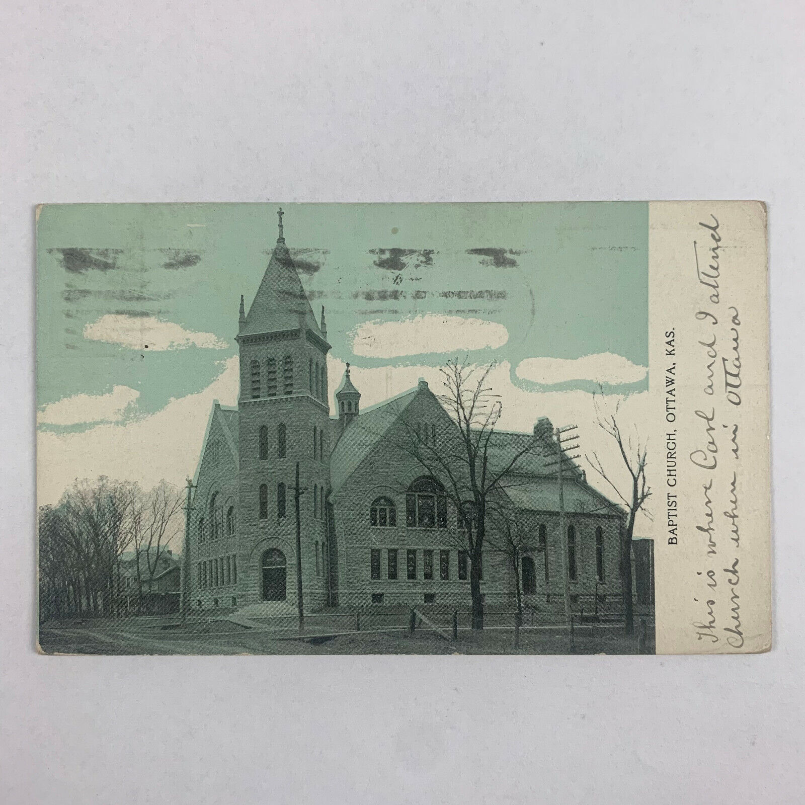 Postcard Kansas Ottawa KS Baptist Church 1908 Posted Divided Back