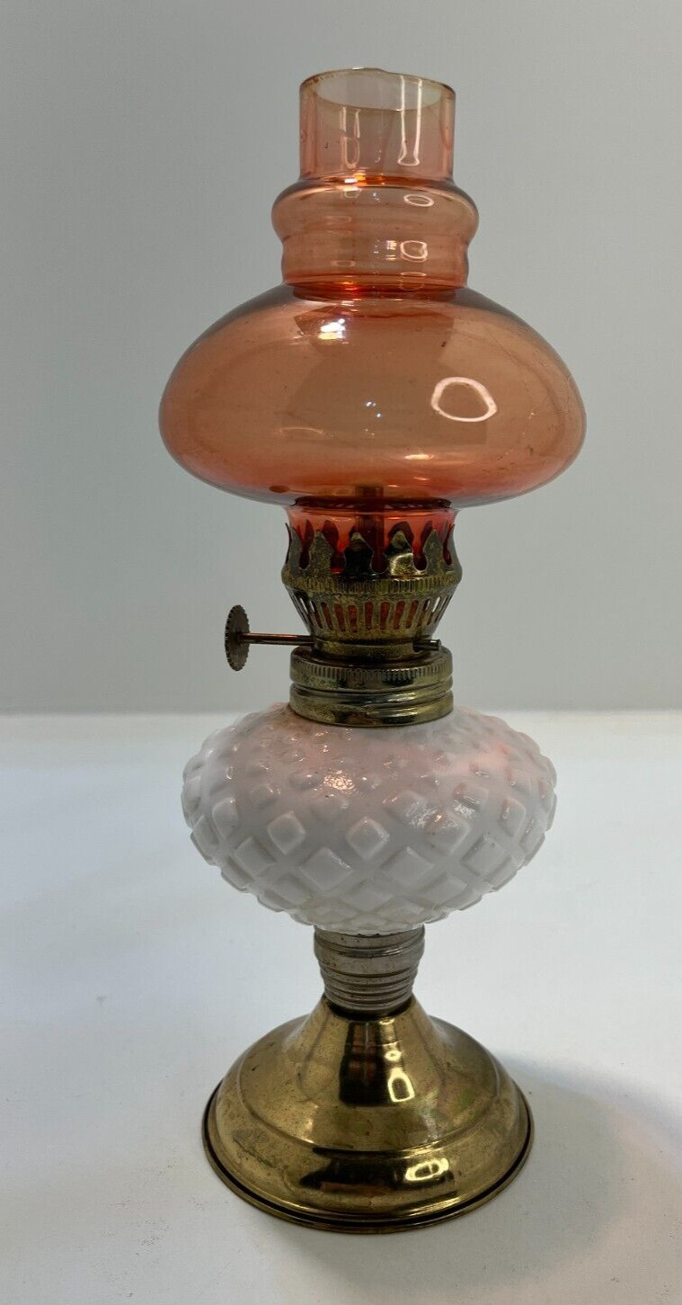 Hobnail White, Lt Red & Brass glass Vtg oil lantern-8.5 in