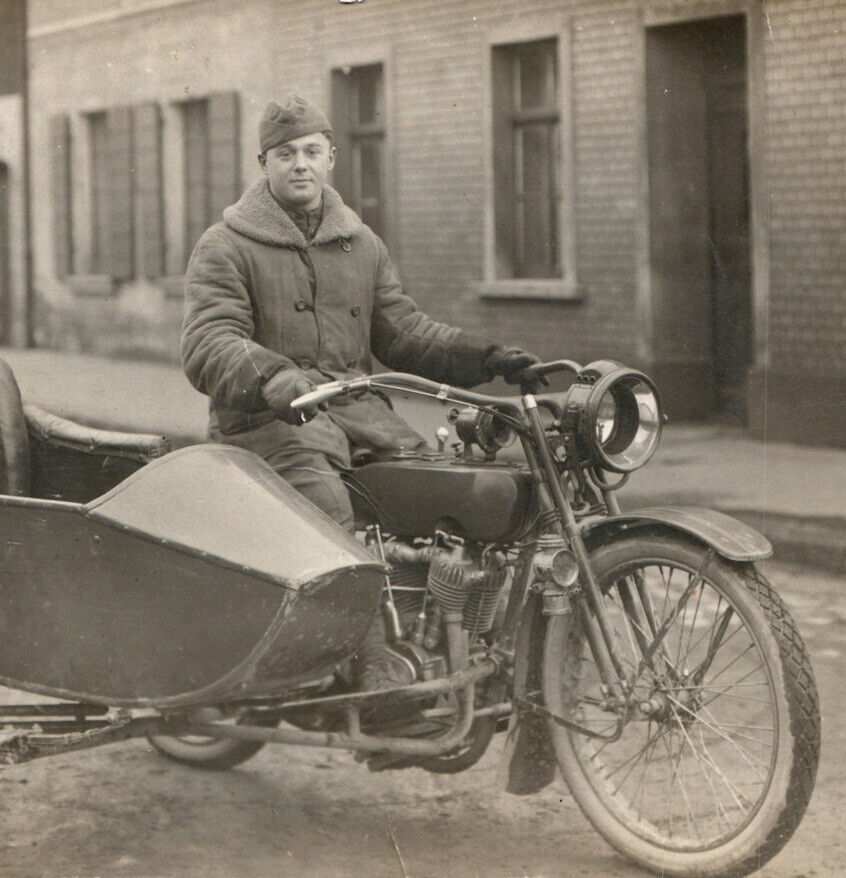 WWI Harley Davidson Motorcycle US Army Soldier Rppc Real Photo Postcard