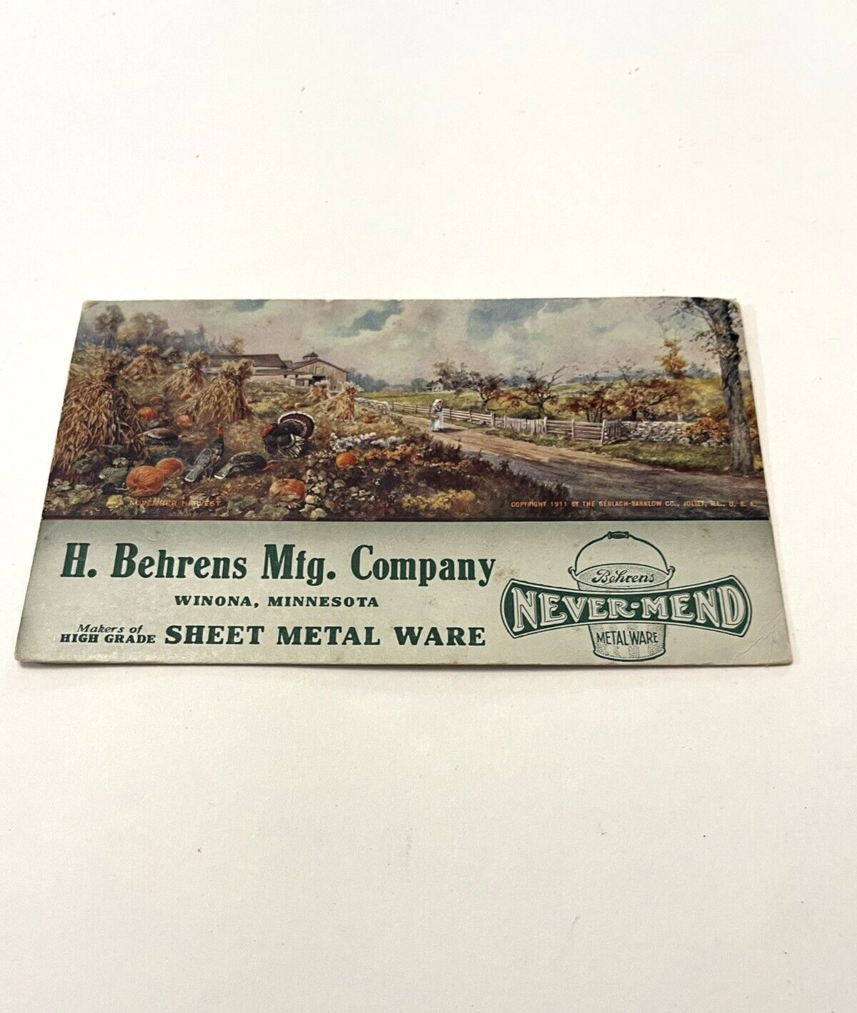 Ink Blotter Winona Minnesota MN H. Behrens Company Never-Mend Metal Ware 1911