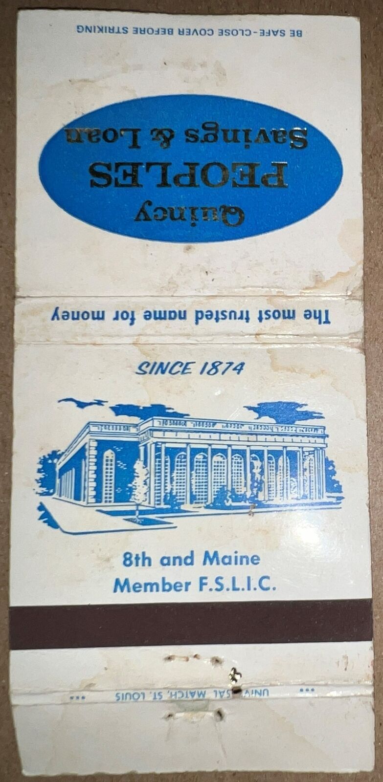 Quincy Peoples Savings & Loan Bank Quincy IL Illinois Vintage Matchbook Cover
