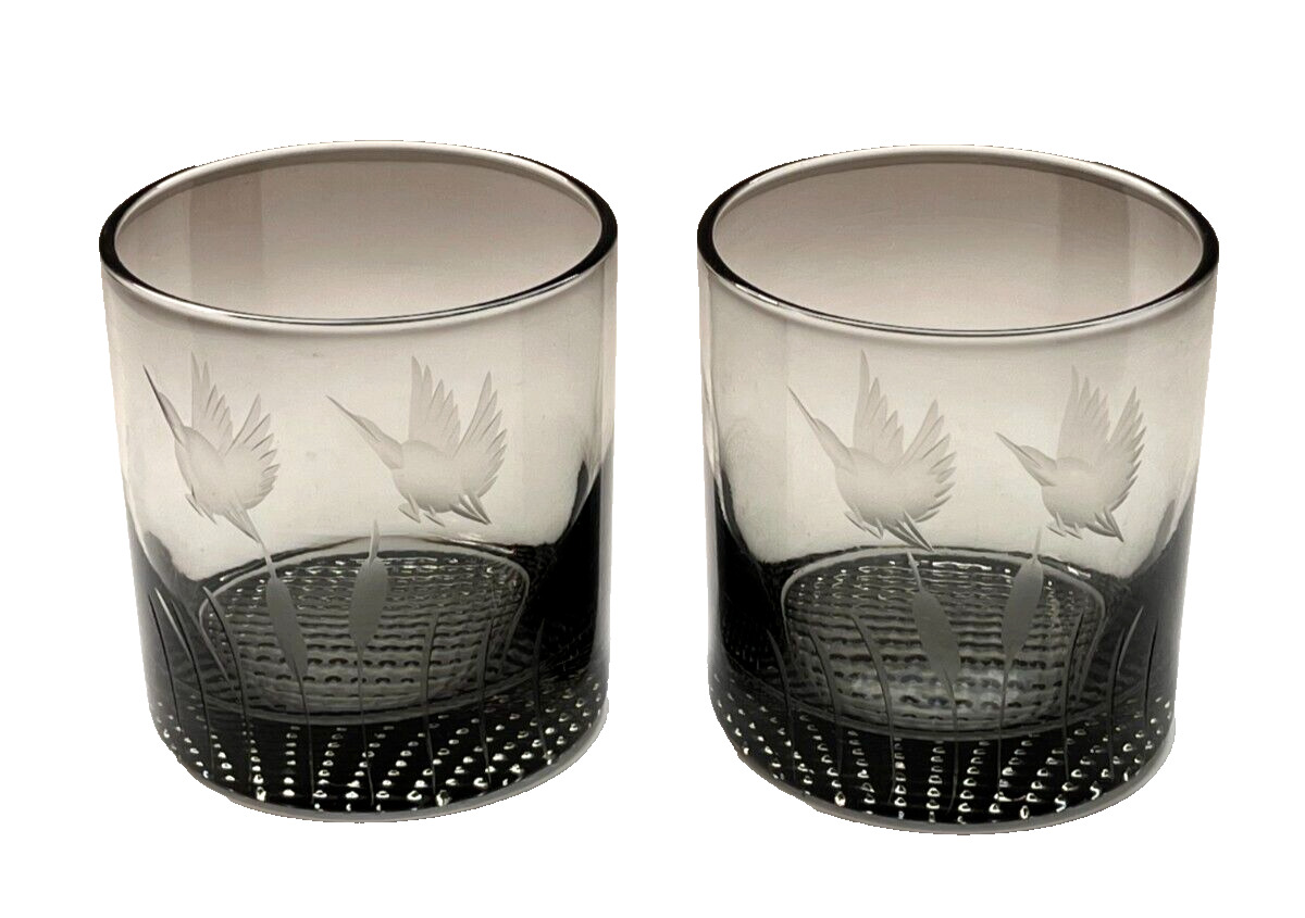 2 Vtg Smoky Gray w/Etched Seagull Lowball Glasses/ Cocktail Glasses, MCM Barware
