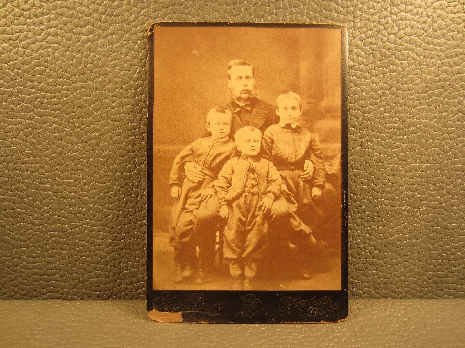 Victorian Antique Cabinet Card Family Photo of Father and Three Sons, Children