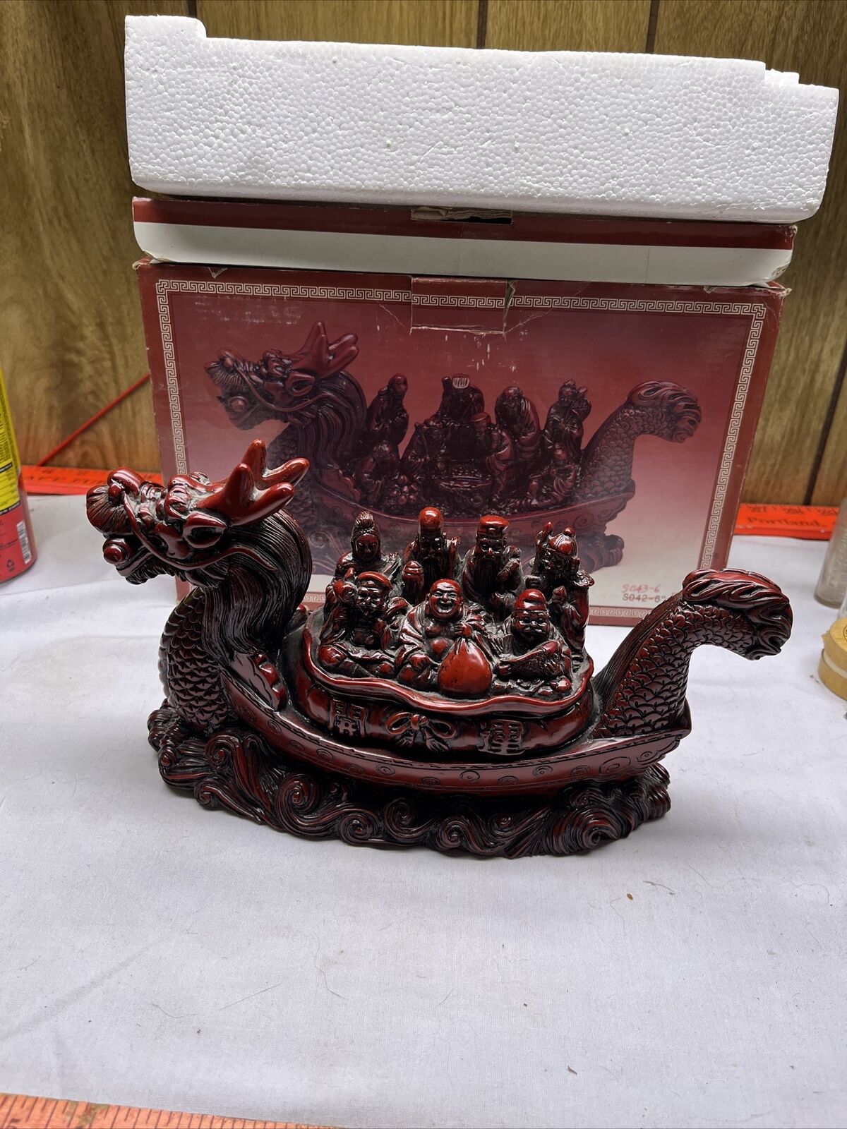 Vtg Carved Red Resin Chinese Dragon Boat, Lucky God Figures, Excellent Condition