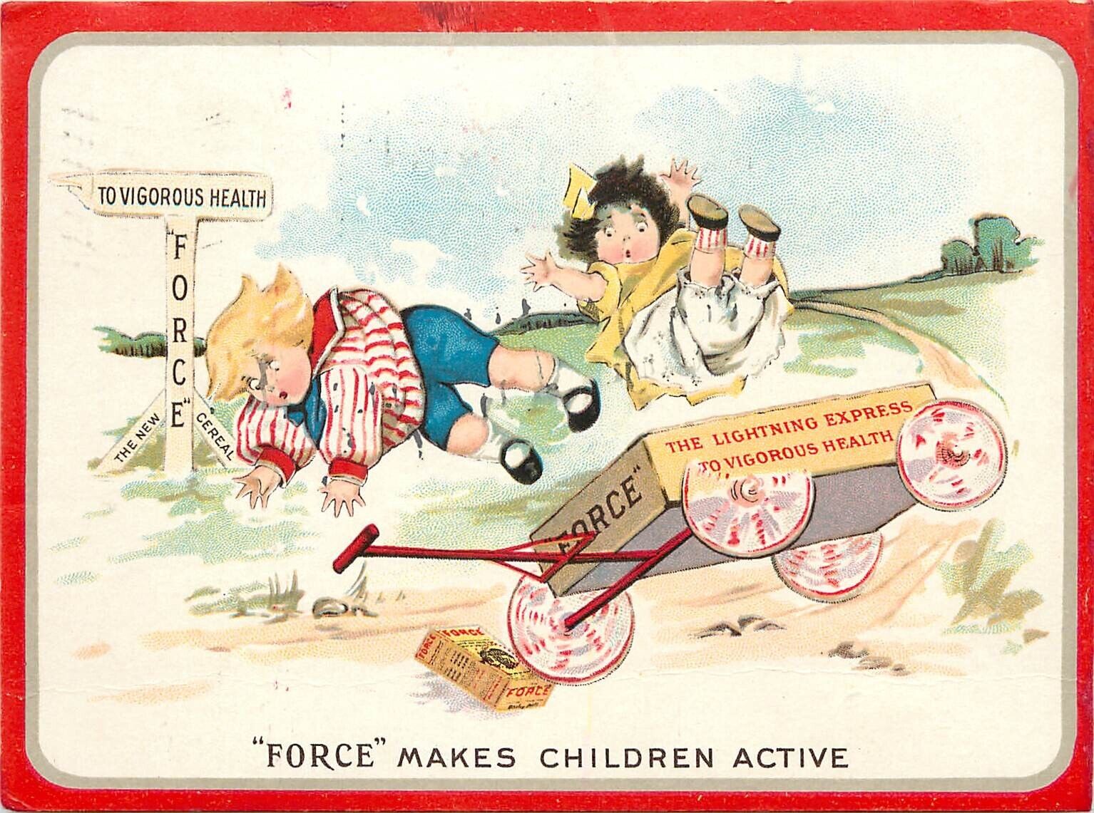 1902 Postcard Advertising \'Force\' Cereal Makes Children Active, Fall from  Wagon