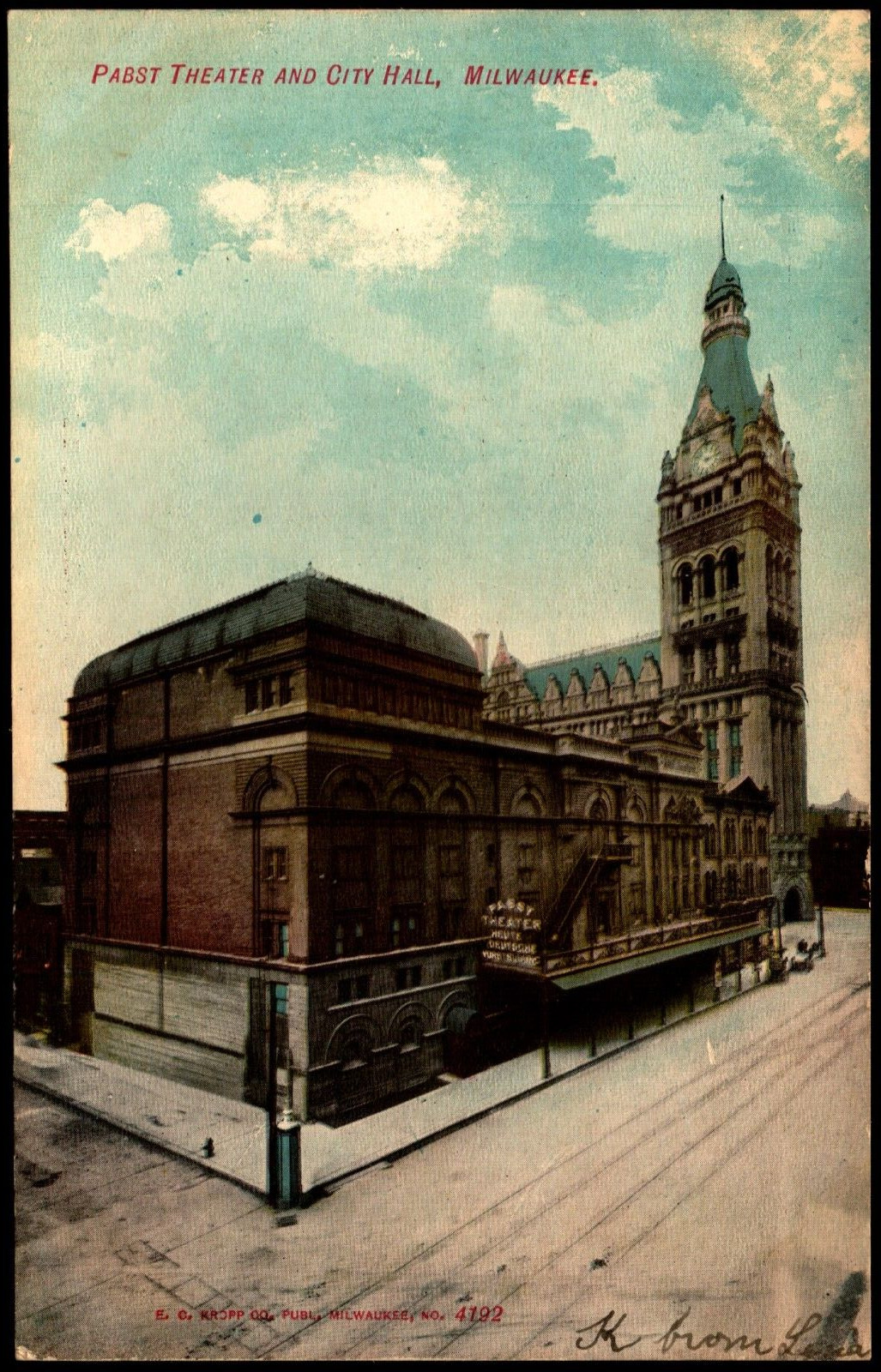 Postcard WI Milwaukee Wisconsin Pabst Theatre and City Hall c1908 B15