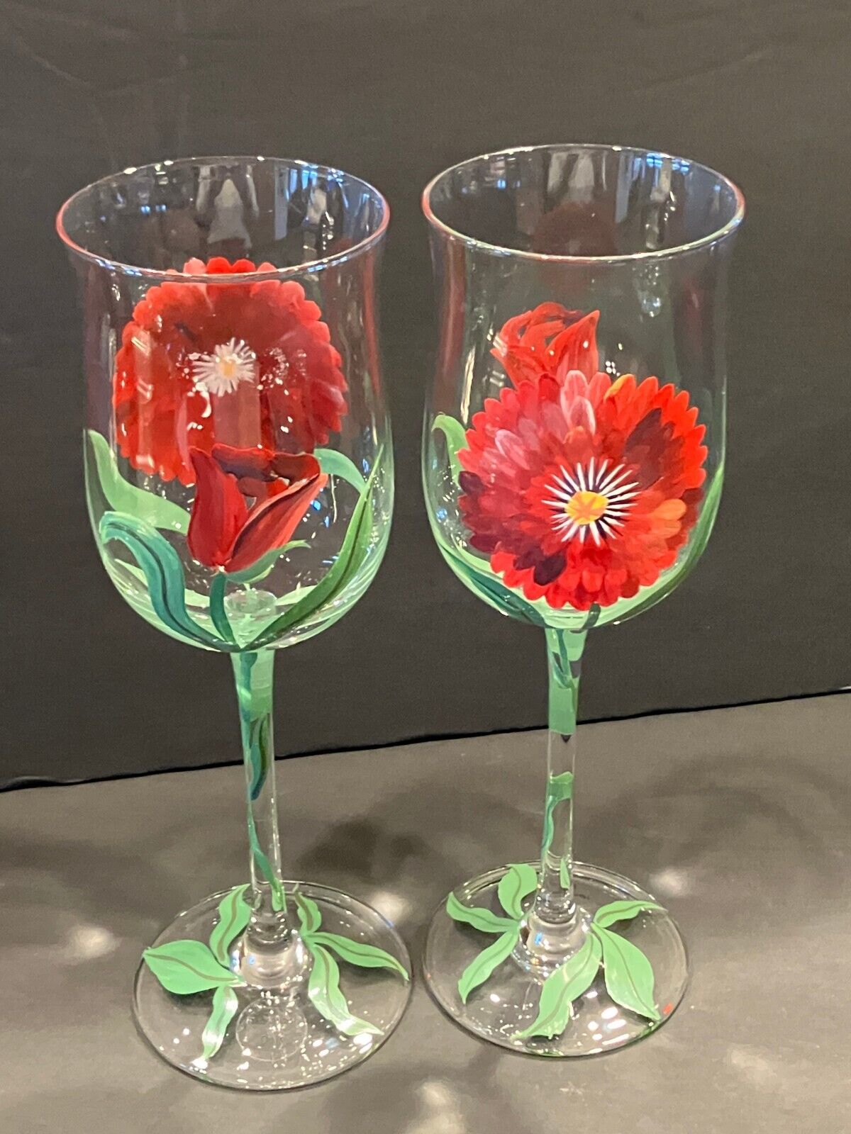 BLOCK VTG Hand painted Wine Glasses Red Flowers Delicate Glass New never used