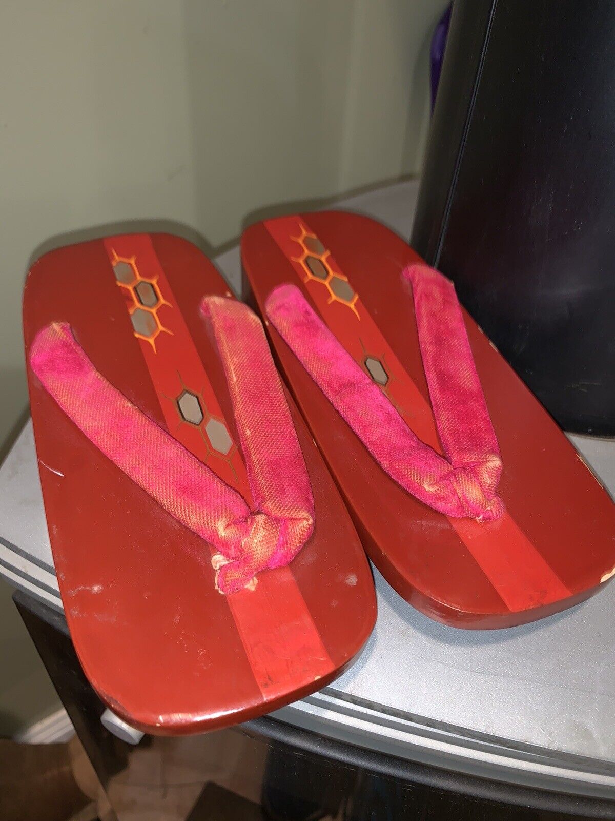 Vintage Geta Japanese Wood Platform Sandals Red
