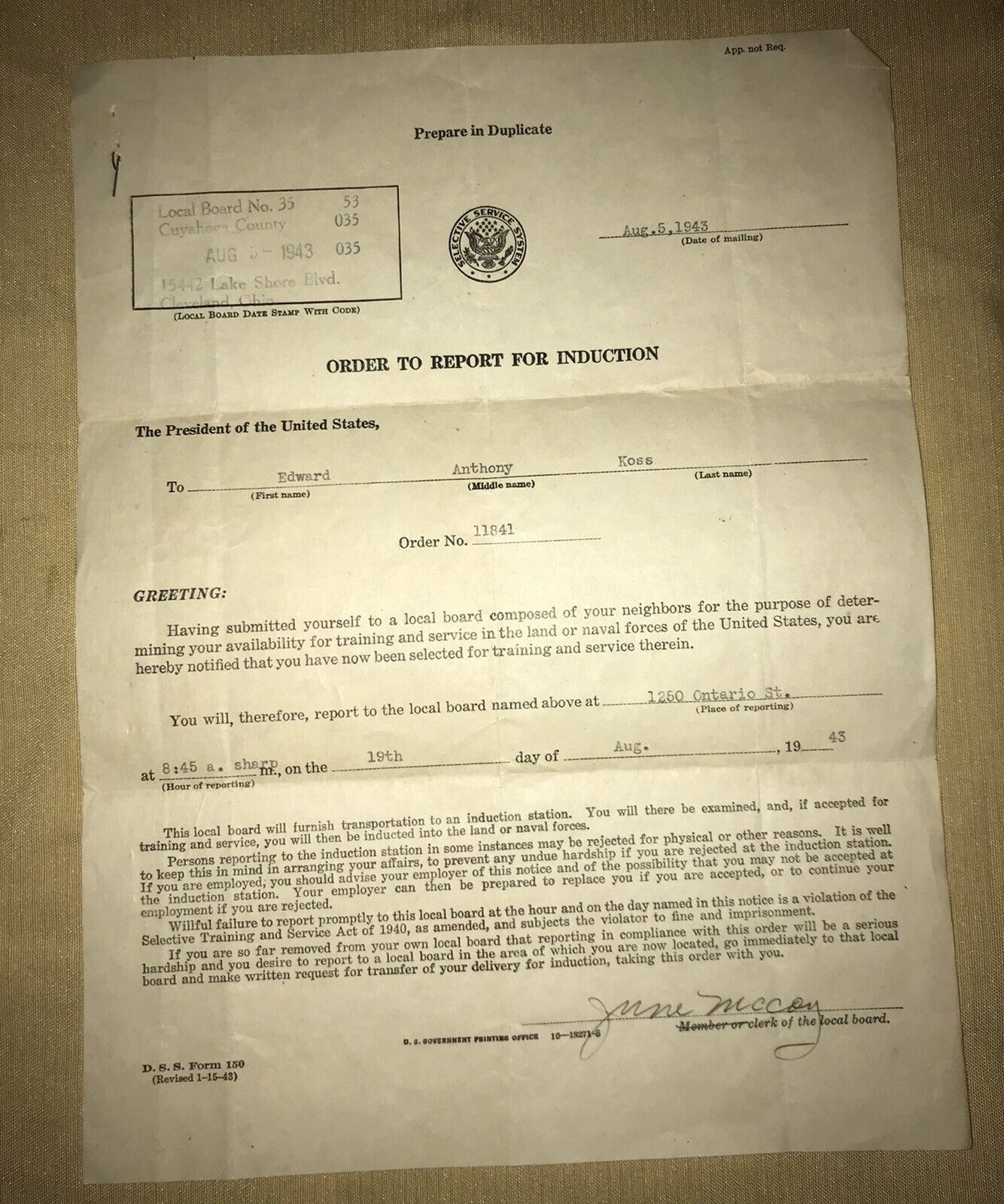 Vintage August 1943 WWII Selective Service Order To Report For Induction To War
