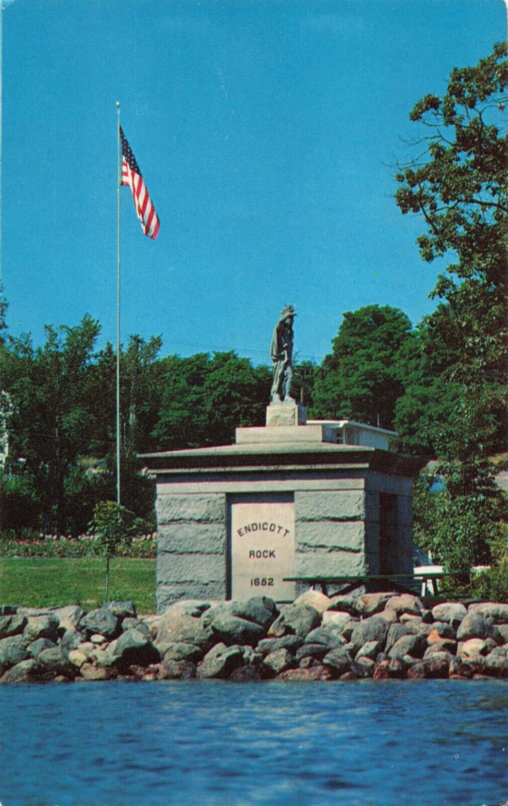Weirs Beach NH, Endicott Rock, Colonial Boundary Monument 1652, Vintage Postcard
