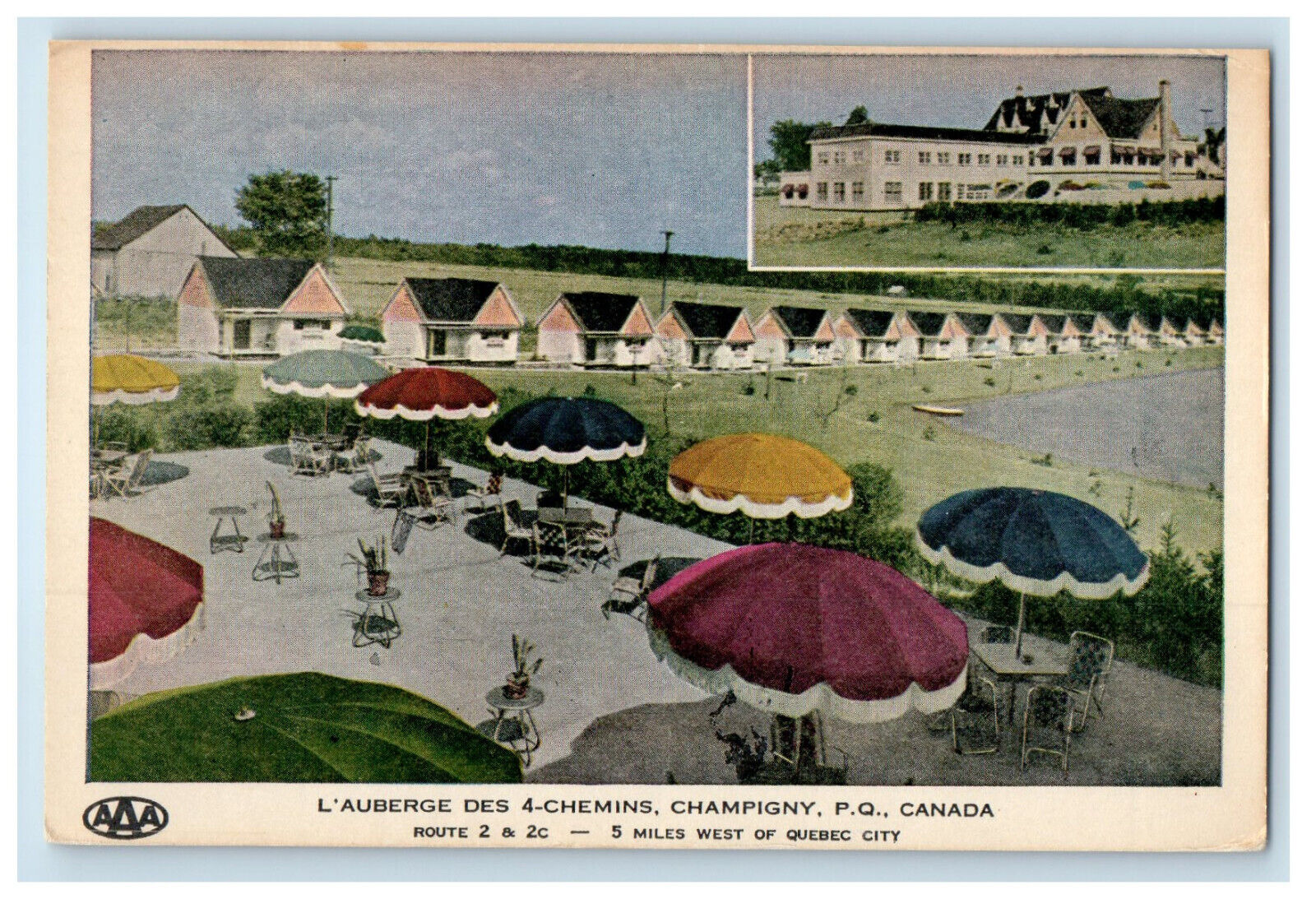 c1950s Tables Umbrellas L'Auberge Des 4-Chemins Champigny Quebec Canada Postcard