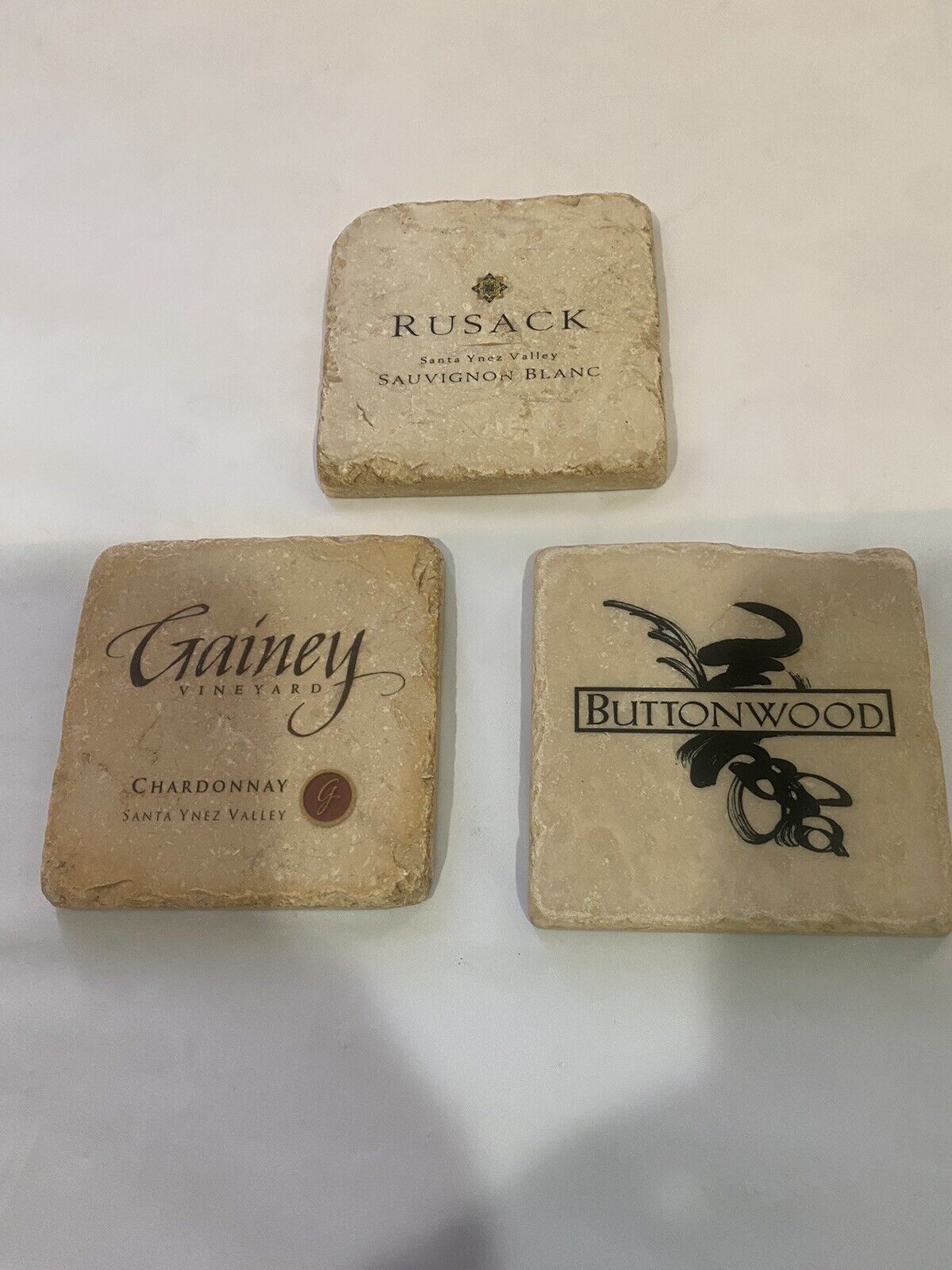 VTG 3 Pcs Tumbled Marble-Artandstone Coasters, 4”x4”, Winery Theme. Pre-Owned.
