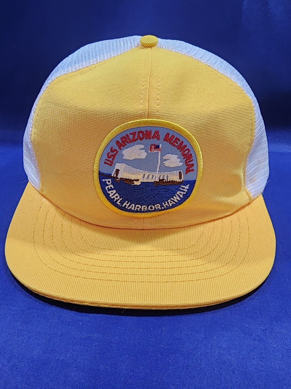 Vintage Pearl Harbor D.A Hat Yellow USS Arizona Memorial Patch Trucker Mesh Cap