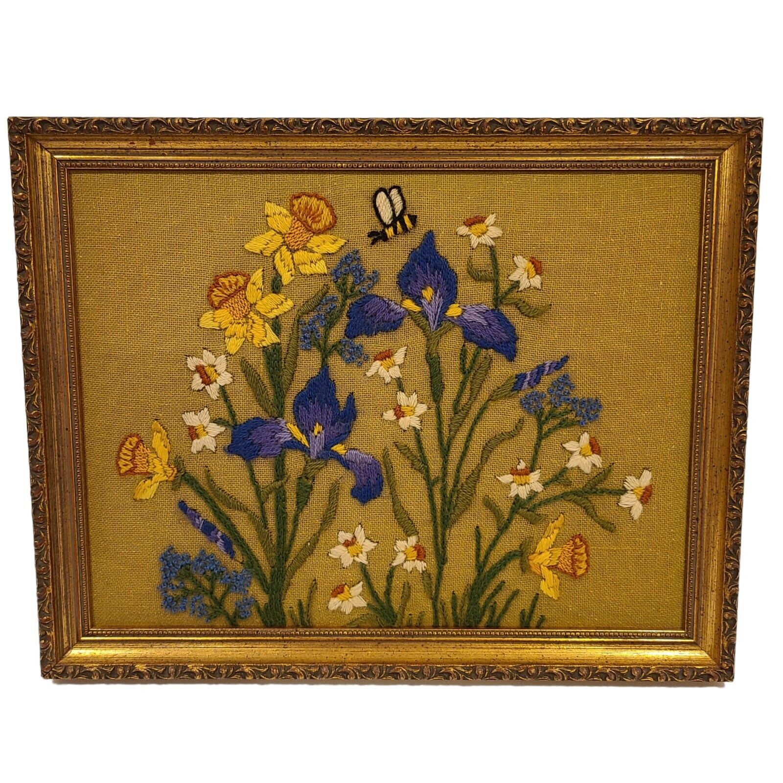 Vintage 70s Crewel Embroidery Floral Flowers Bee Ornate Gold Framed Wall Art
