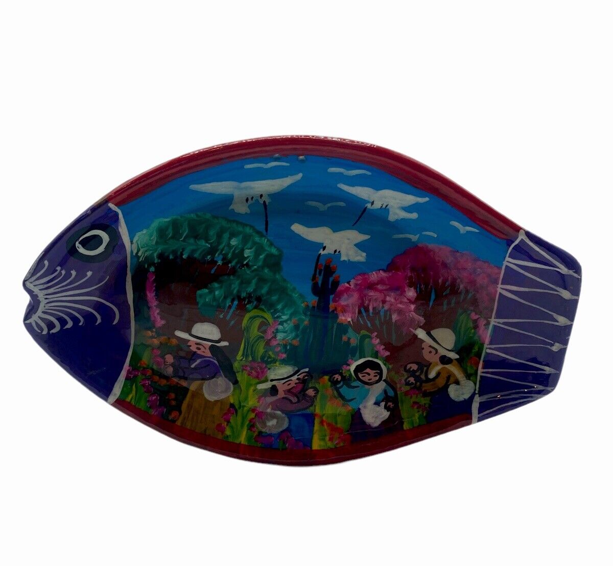 Vintage Folk Art Fish Plate Hand Painted Mexican Pottery Birds Wall Art