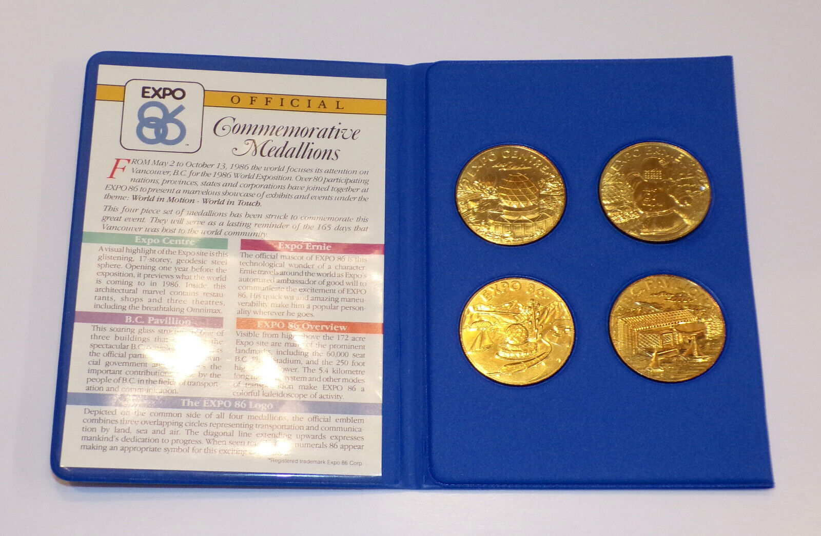 EXPO 86 Vancouver B.C. Canada WORLD\'S FAIR MEDALLION SET of 4 - Token, Coin 1986
